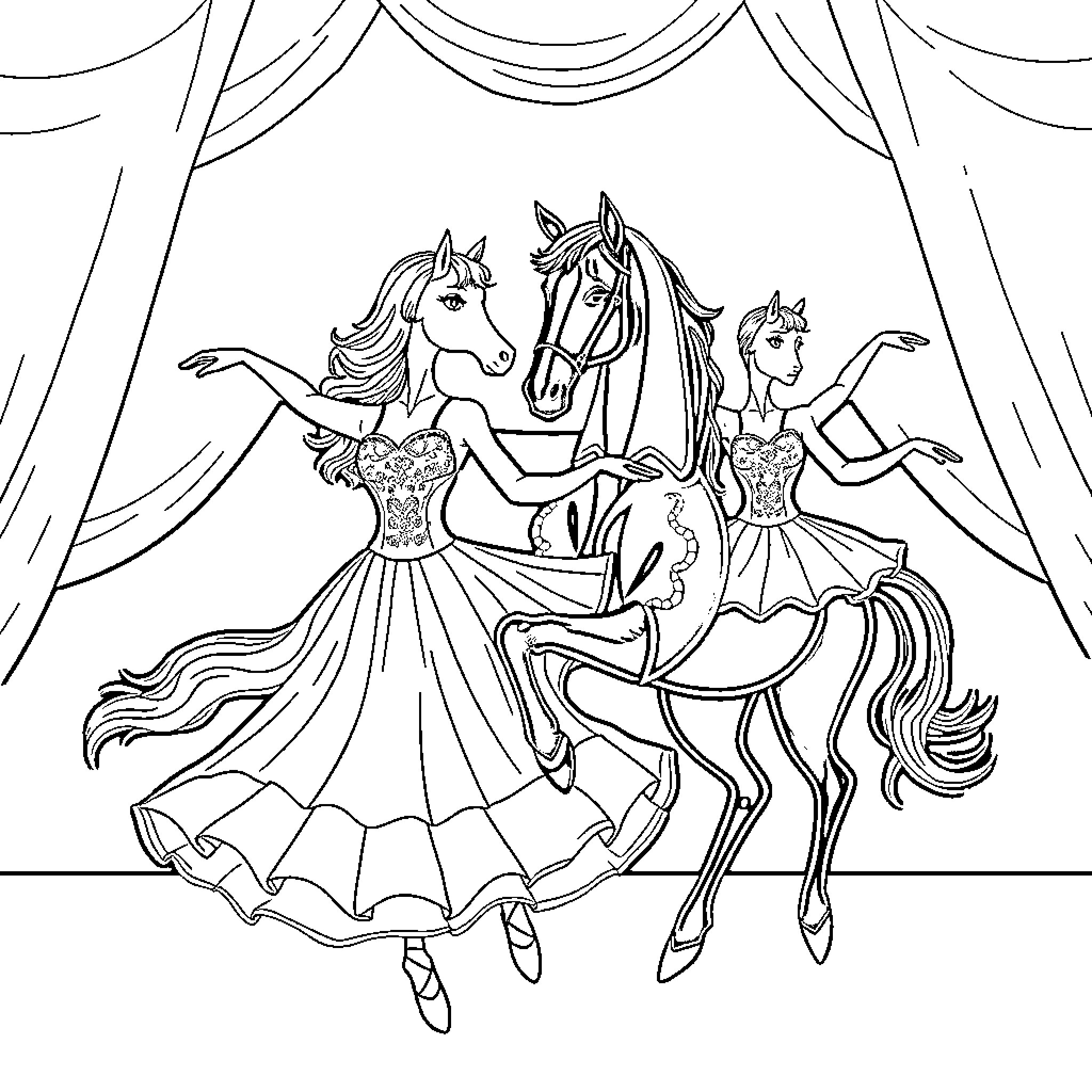 Horse-drawn Ballerina Performance on Stage Coloring Page (free black-and-white line drawing printable PDF for all, from beginners to advanced learners, including children, teens, adults, and seniors)