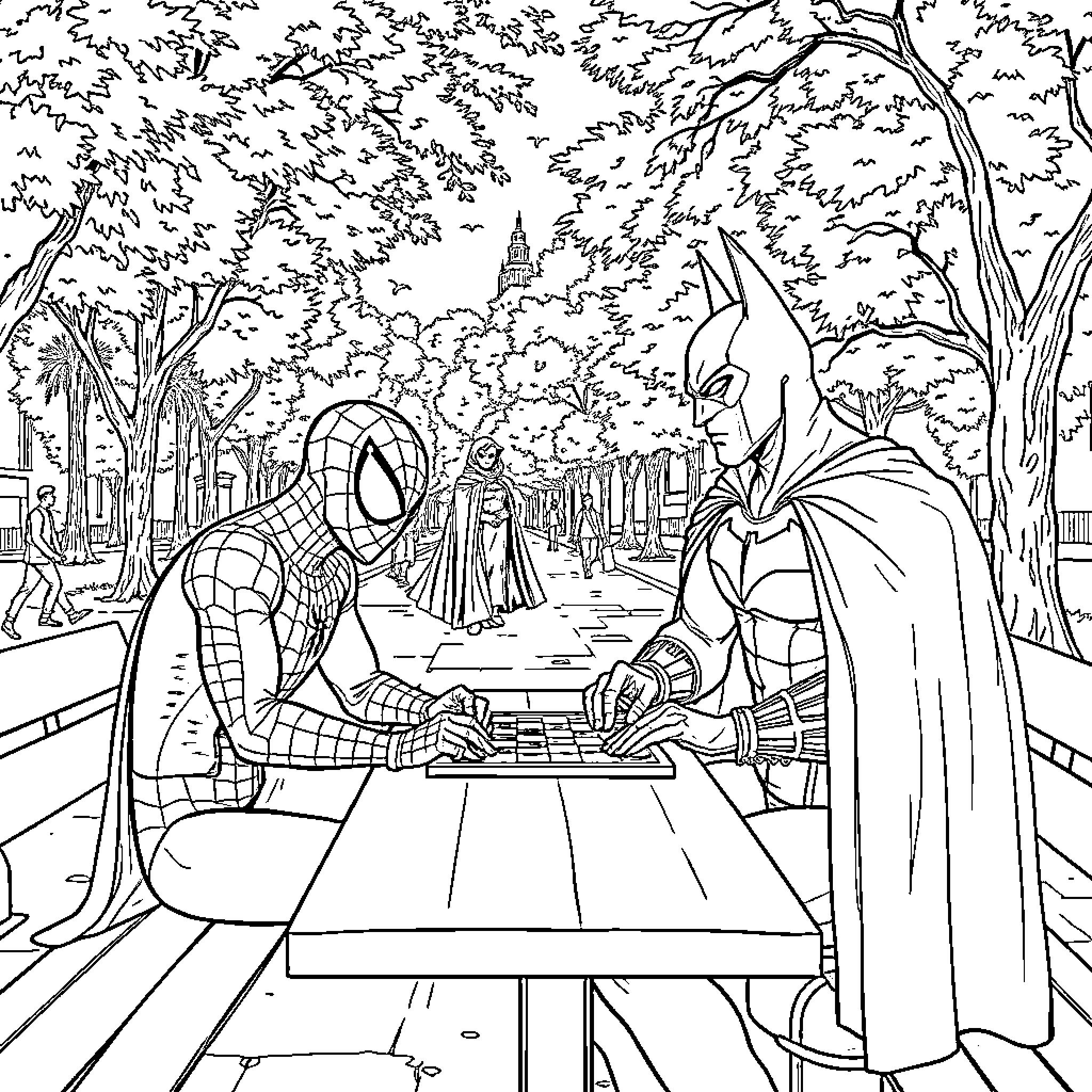 Spiderman meets Batman in a park setting Coloring Page (free black-and-white line drawing printable PDF for all, from beginners to advanced learners, including children, teens, adults, and seniors)
