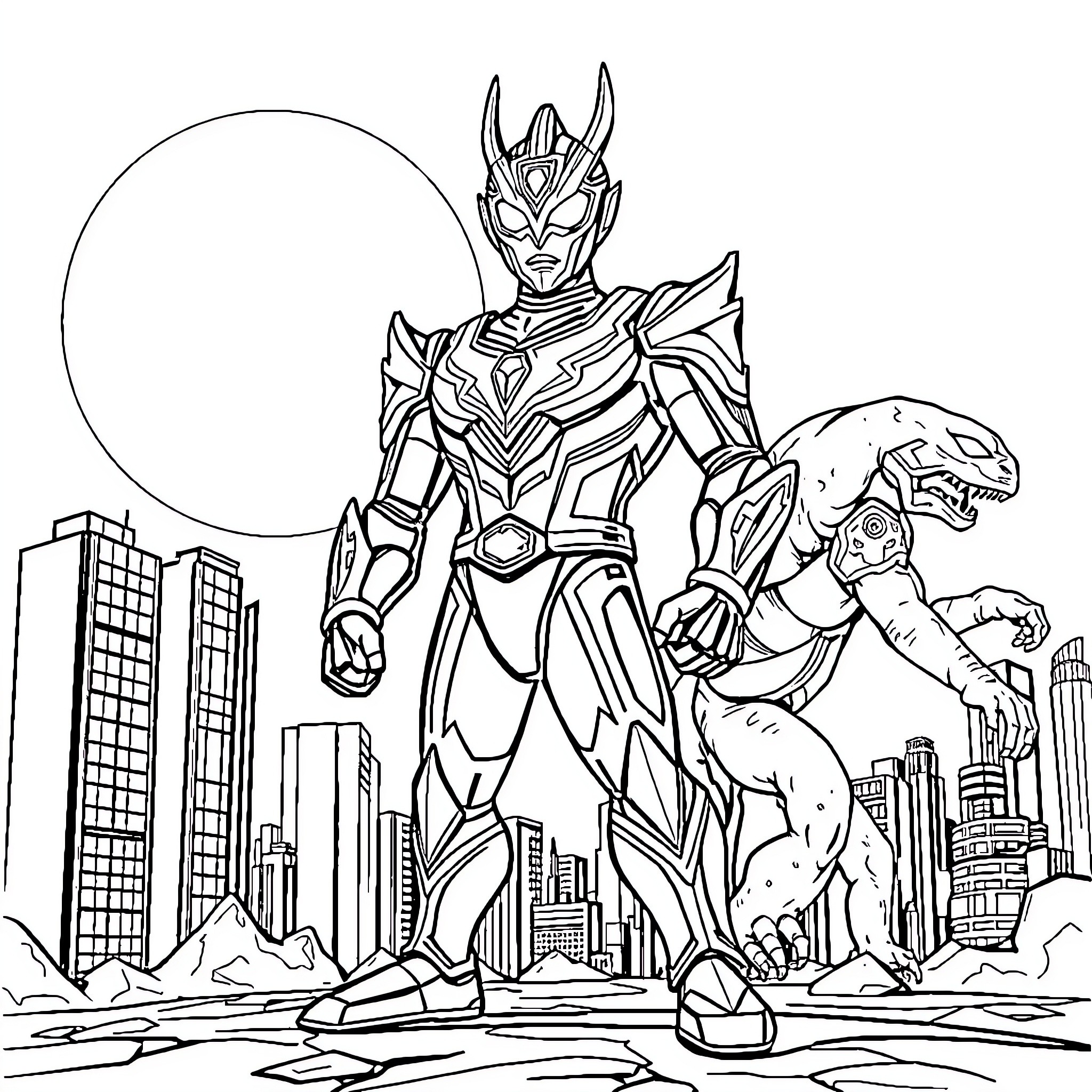 Ultraman battles a monstrous foe in the city Coloring Page (free black-and-white line drawing printable PDF for all, from beginners to advanced learners, including children, teens, adults, and seniors)