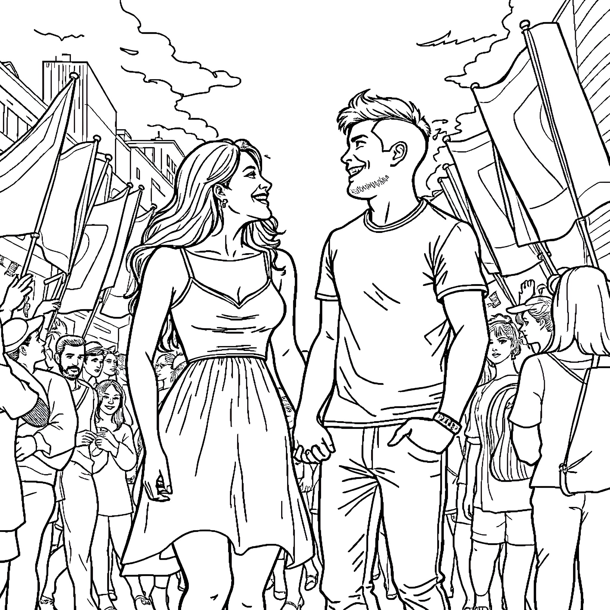 Couple enjoying a lively crowd scene Coloring Page (free black-and-white line drawing printable PDF for all, from beginners to advanced learners, including children, teens, adults, and seniors)