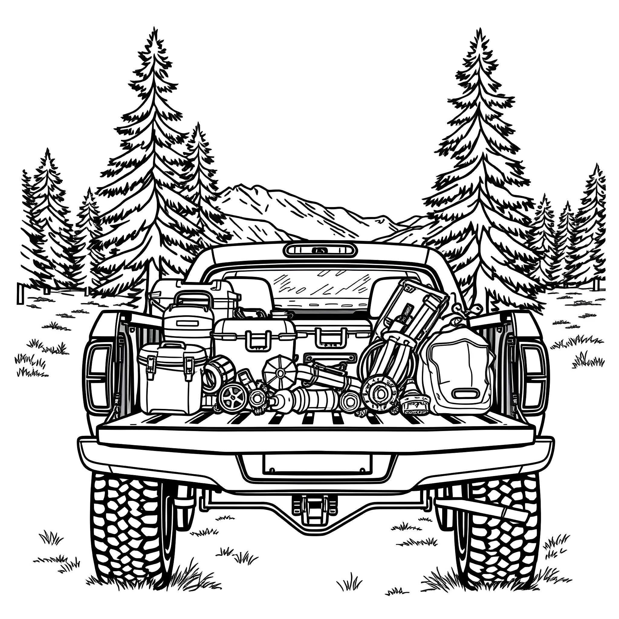 Truck loaded with outdoor gear in forest Coloring Page (free black-and-white line drawing printable PDF for all, from beginners to advanced learners, including children, teens, adults, and seniors)