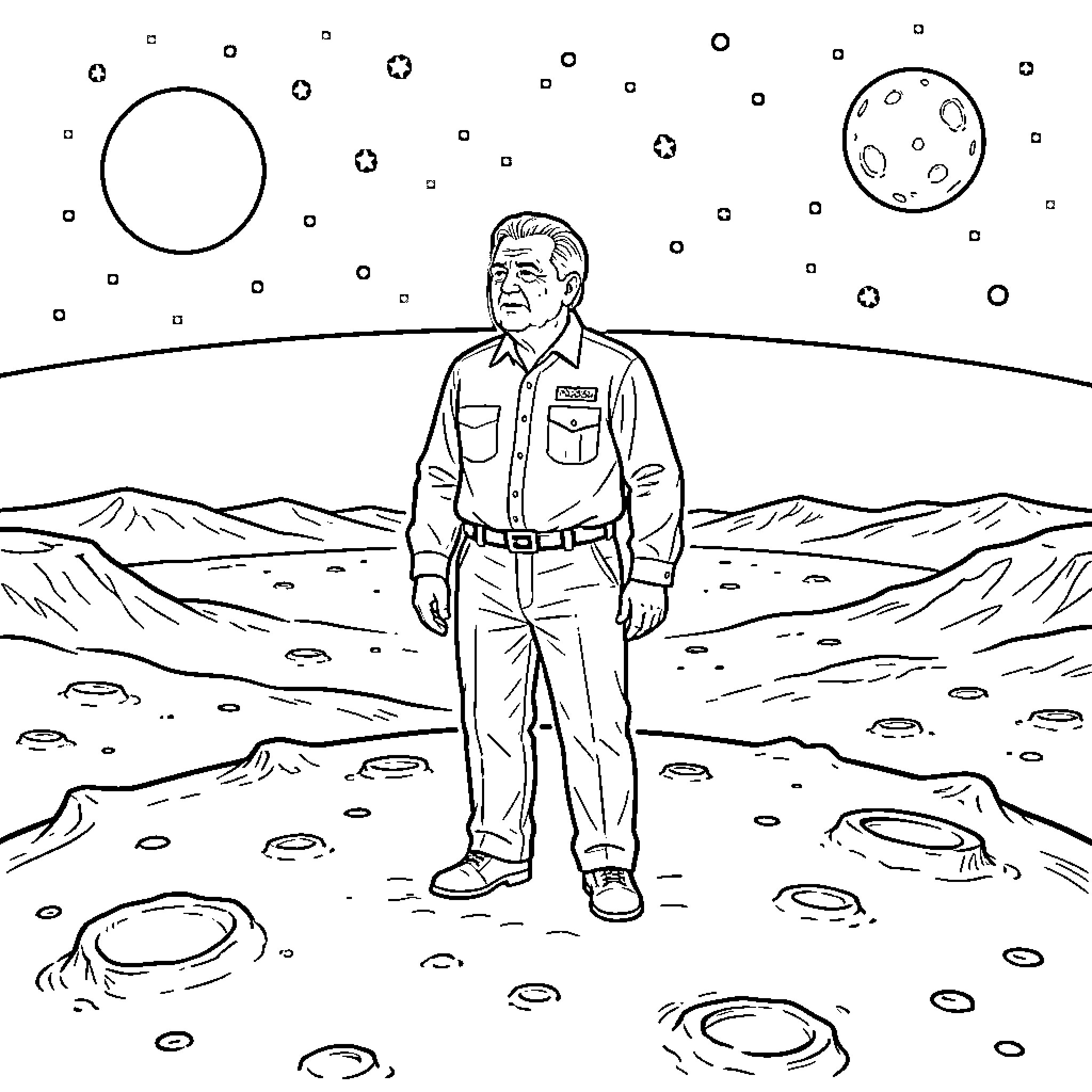 Lula standing on a cratered lunar landscape Coloring Page (free black-and-white line drawing printable PDF for all, from beginners to advanced learners, including children, teens, adults, and seniors)