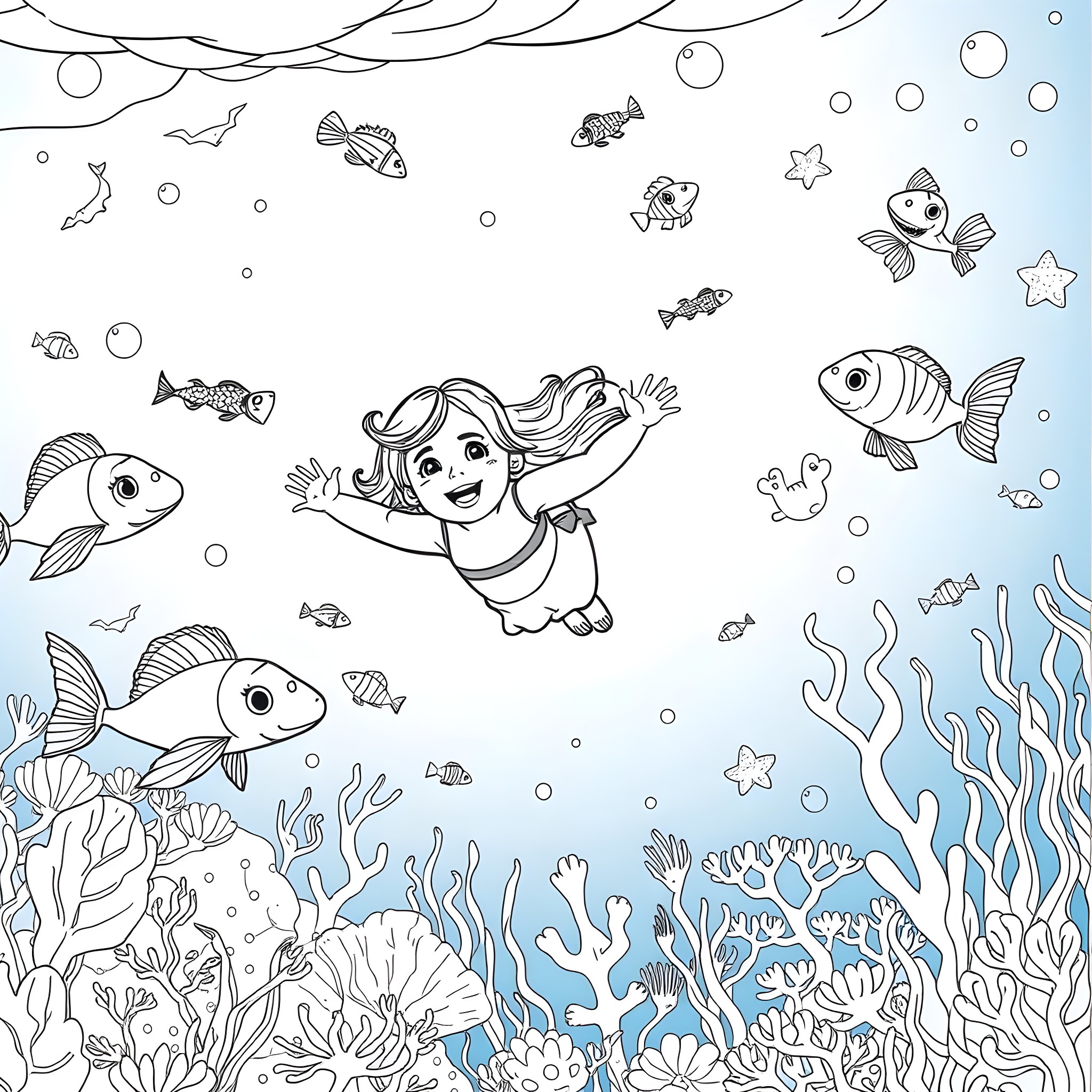 Girl swimming happily with colorful sea creatures Coloring Page (free black-and-white line drawing printable PDF for all, from beginners to advanced learners, including children, teens, adults, and seniors)