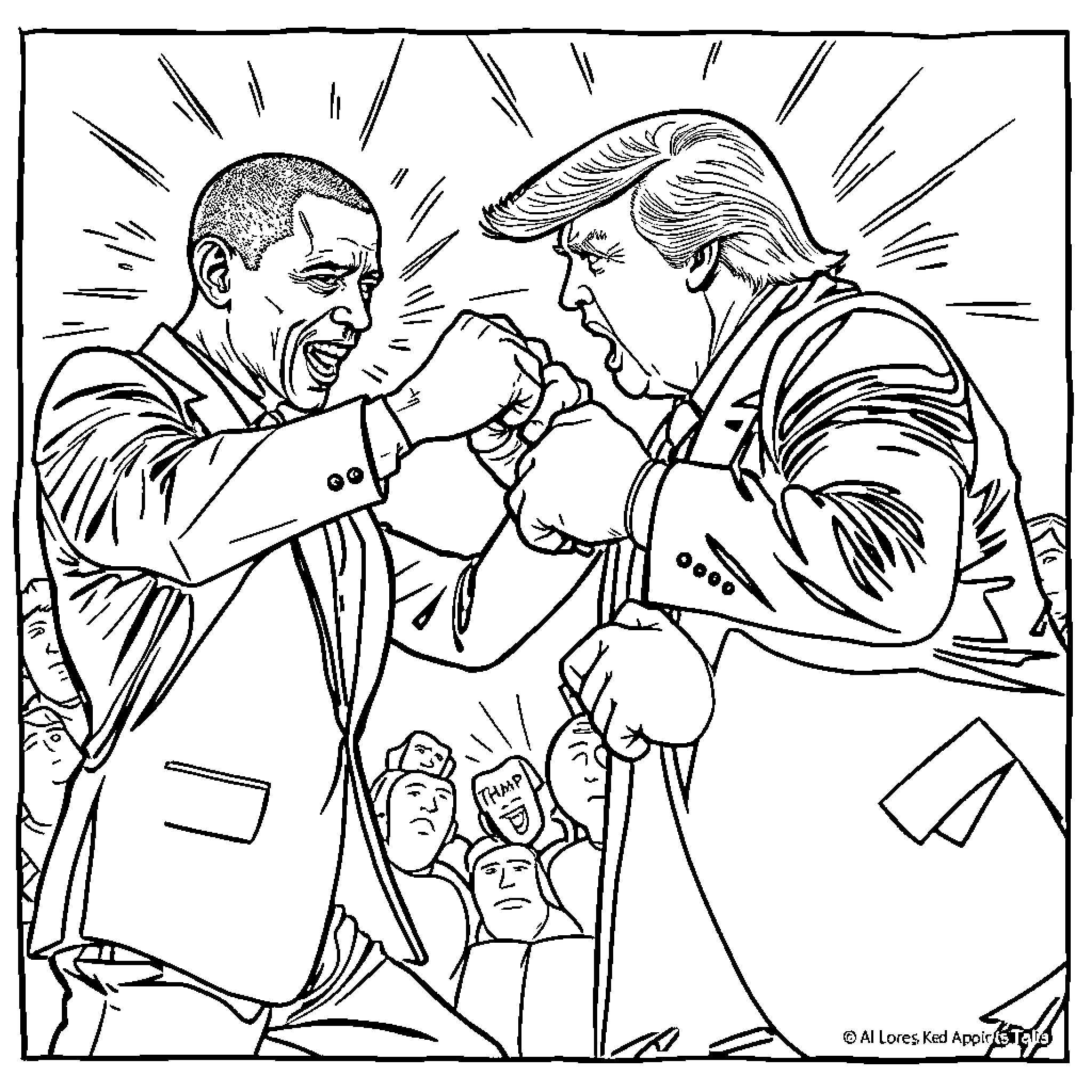 Obama and Trump engaged in heated confrontation Coloring Page (free black-and-white line drawing printable PDF for all, from beginners to advanced learners, including children, teens, adults, and seniors)