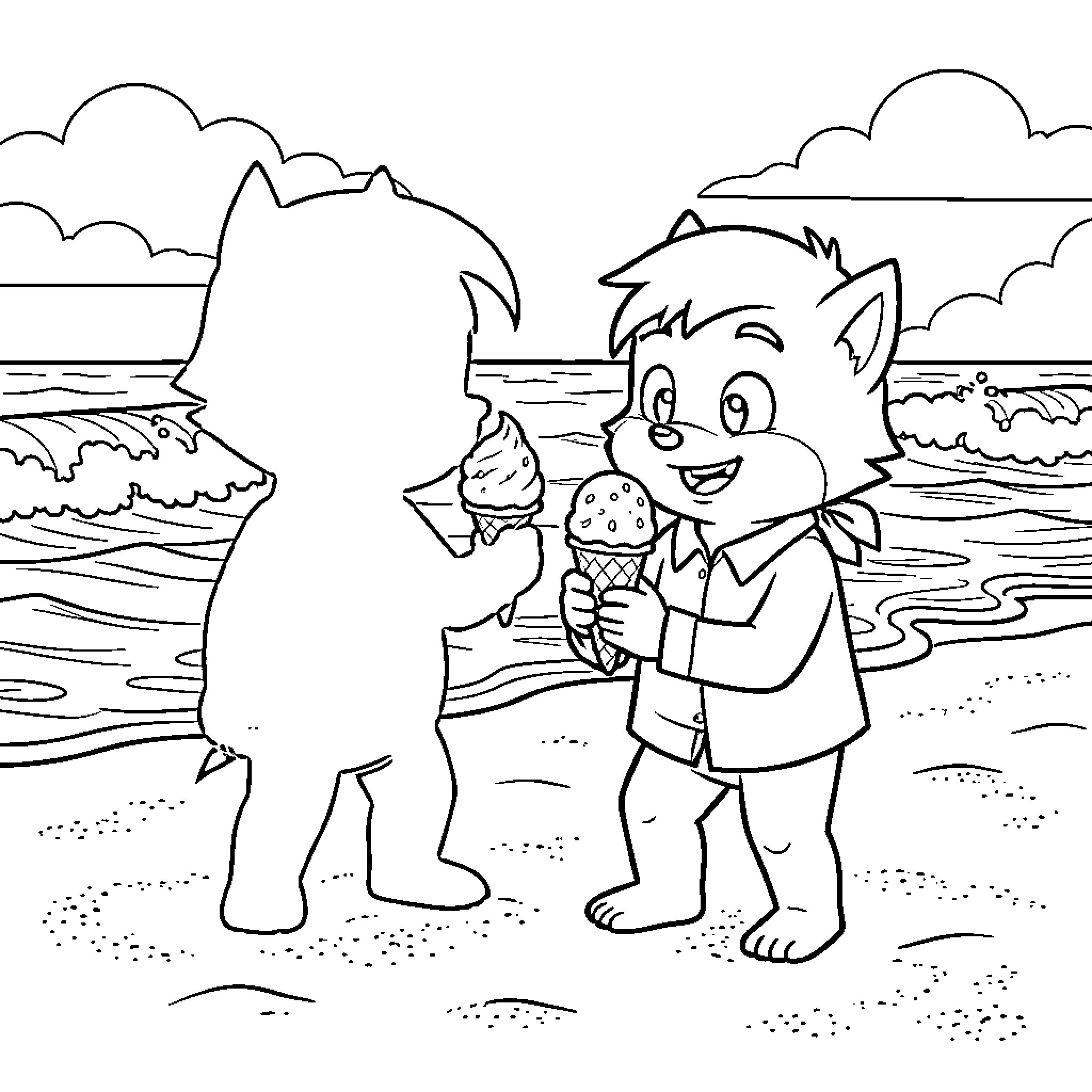 Shadow of friends enjoying ice cream on the beach Coloring Page (free black-and-white line drawing printable PDF for all, from beginners to advanced learners, including children, teens, adults, and seniors)