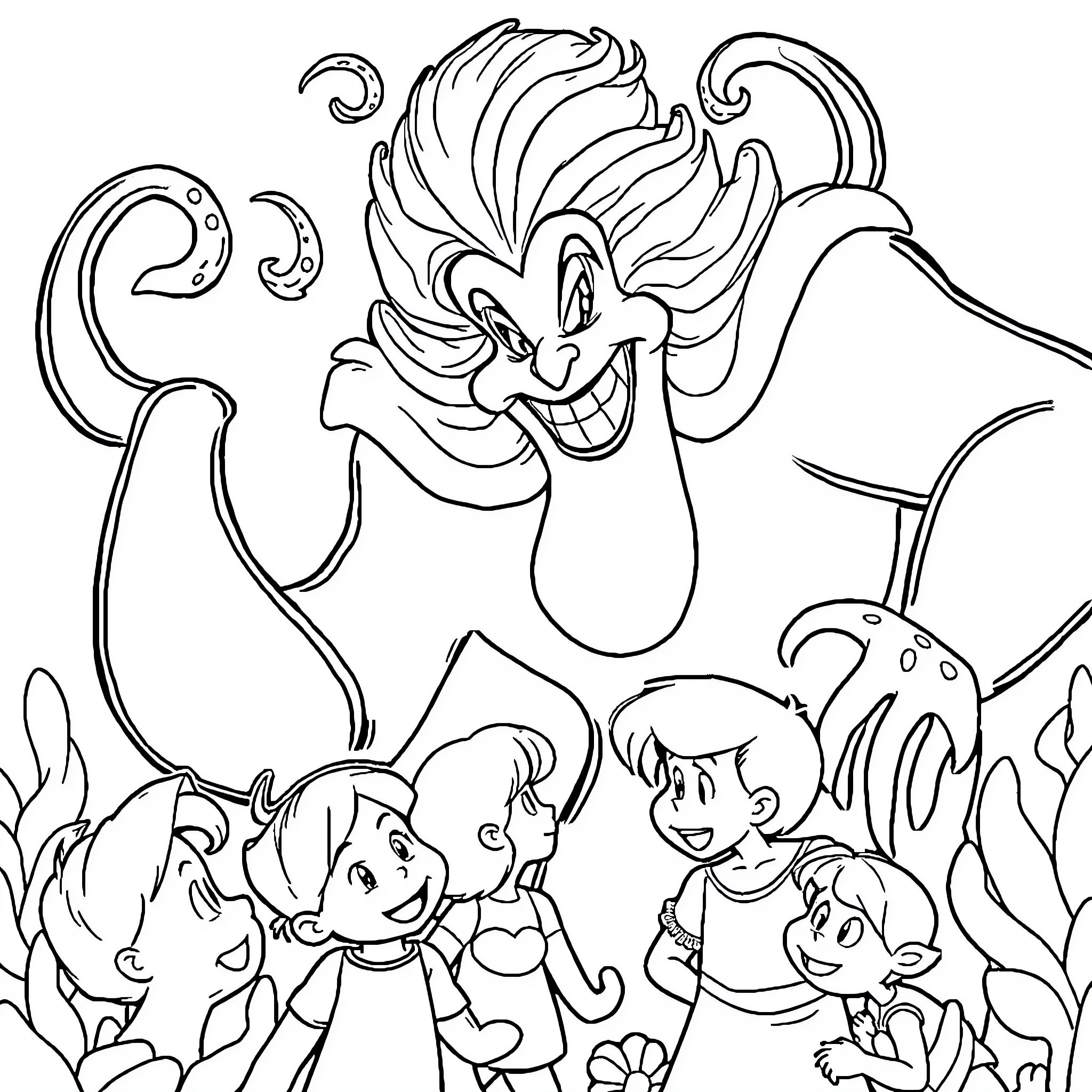 Ursula's Mischievous Antics with Undersea Friends Coloring Page (free black-and-white line drawing printable PDF for all, from beginners to advanced learners, including children, teens, adults, and seniors)