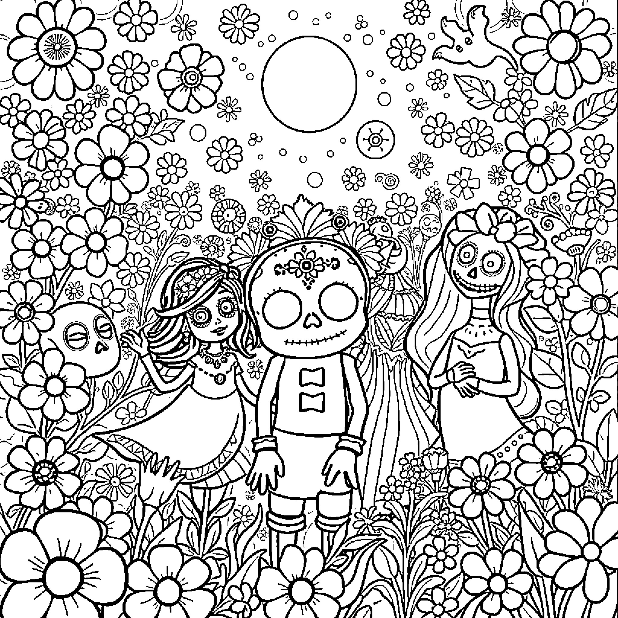 Coco's Flower Fiesta Coloring Page (free black-and-white line drawing printable PDF for all, from beginners to advanced learners, including children, teens, adults, and seniors)