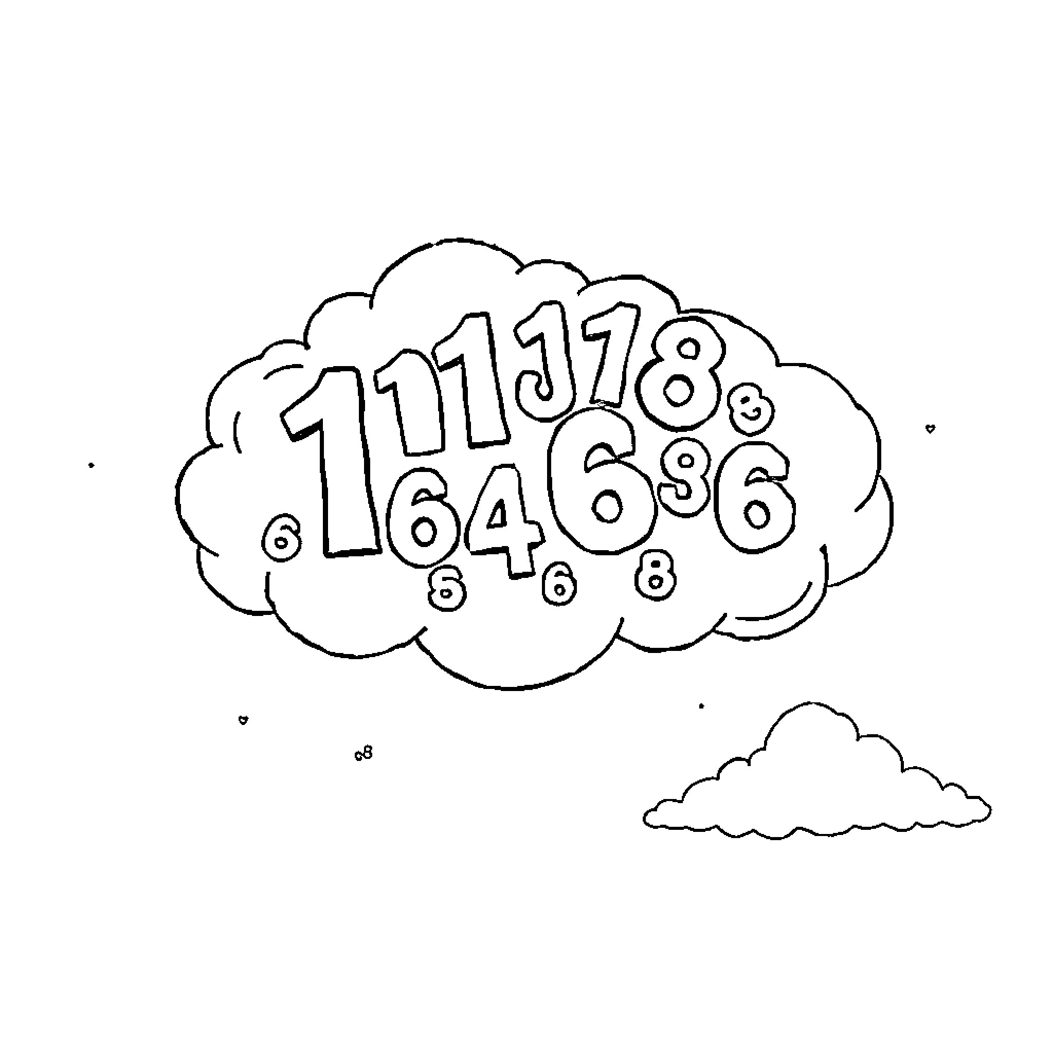Number Cloud with Whimsical Numbers Coloring Page (free black-and-white line drawing printable PDF for all, from beginners to advanced learners, including children, teens, adults, and seniors)