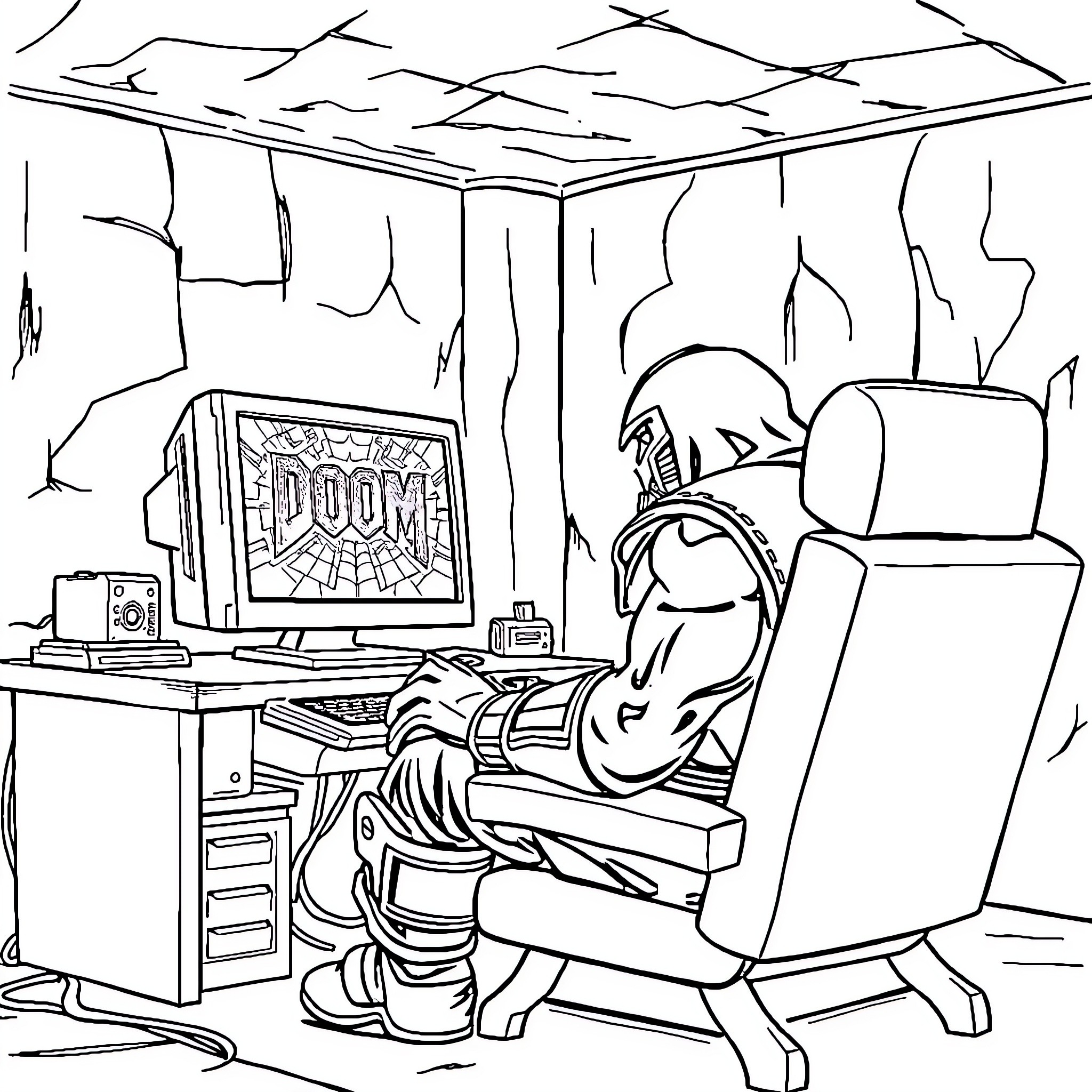 Dr. Doom Playing Video Game in Dark Lab Coloring Page (free black-and-white line drawing printable PDF for all, from beginners to advanced learners, including children, teens, adults, and seniors)