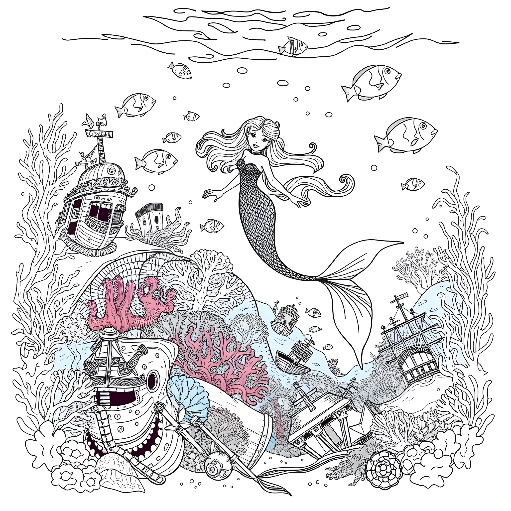 Mermaid exploring the whimsical underwater world Coloring Page (free black-and-white line drawing printable PDF for all, from beginners to advanced learners, including children, teens, adults, and seniors)