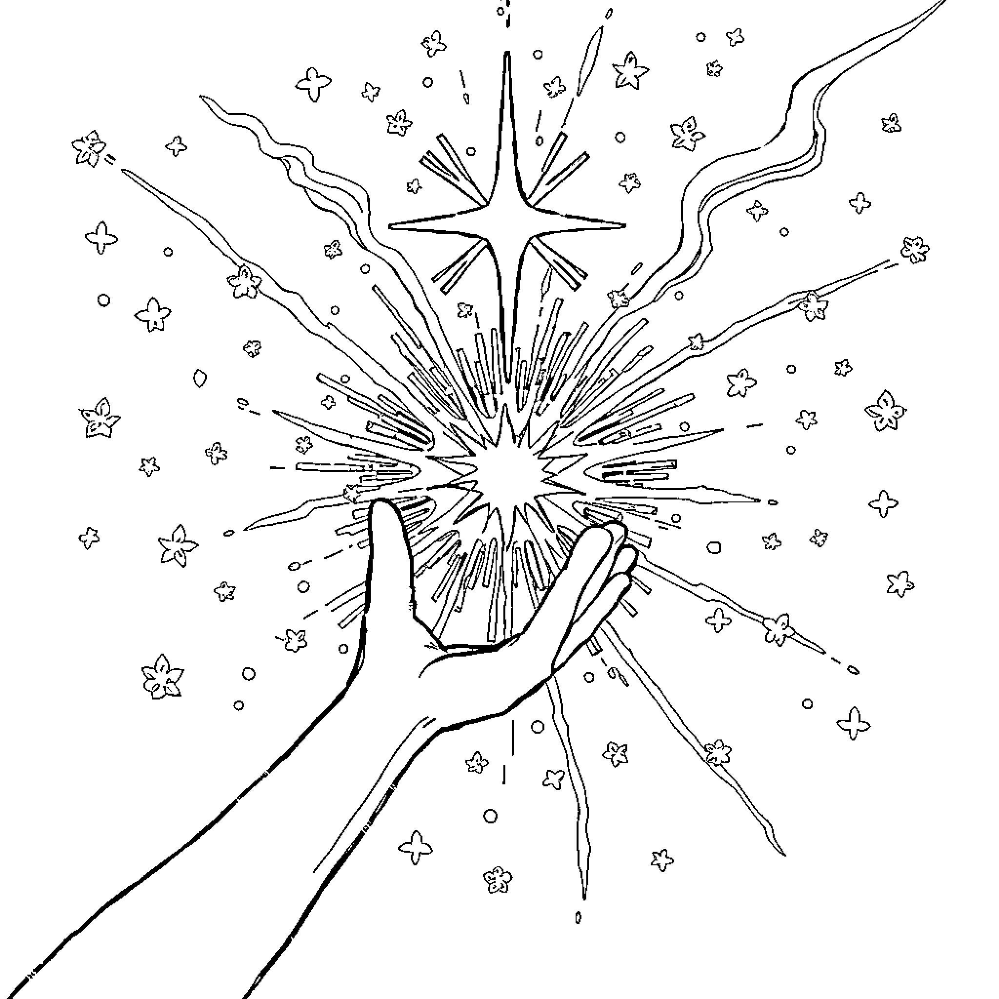 Miraculous Hands Reaching for Celestial Splendor Coloring Page (free black-and-white line drawing printable PDF for all, from beginners to advanced learners, including children, teens, adults, and seniors)