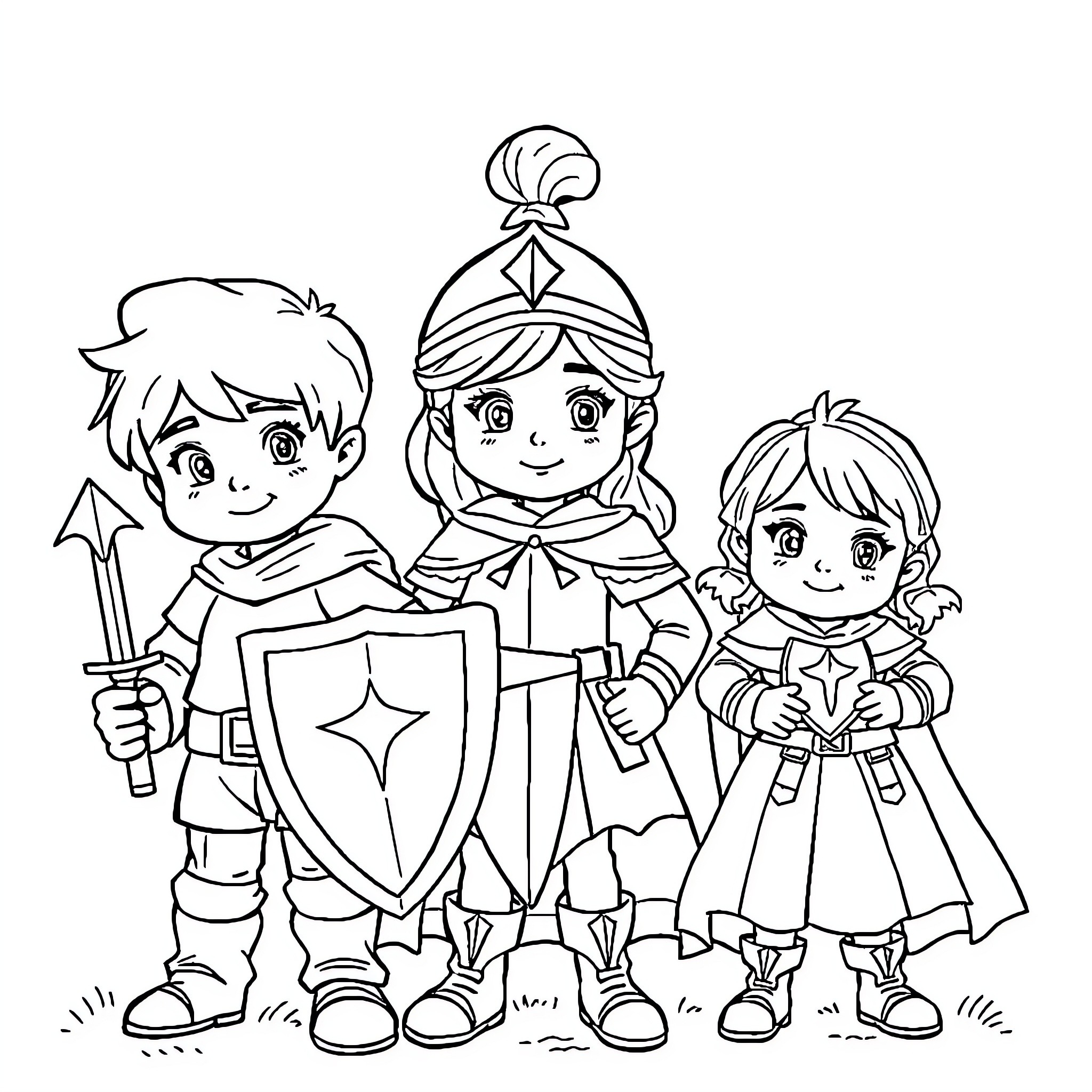 Enfant knights playing with swords and shields Coloring Page (free black-and-white line drawing printable PDF for all, from beginners to advanced learners, including children, teens, adults, and seniors)