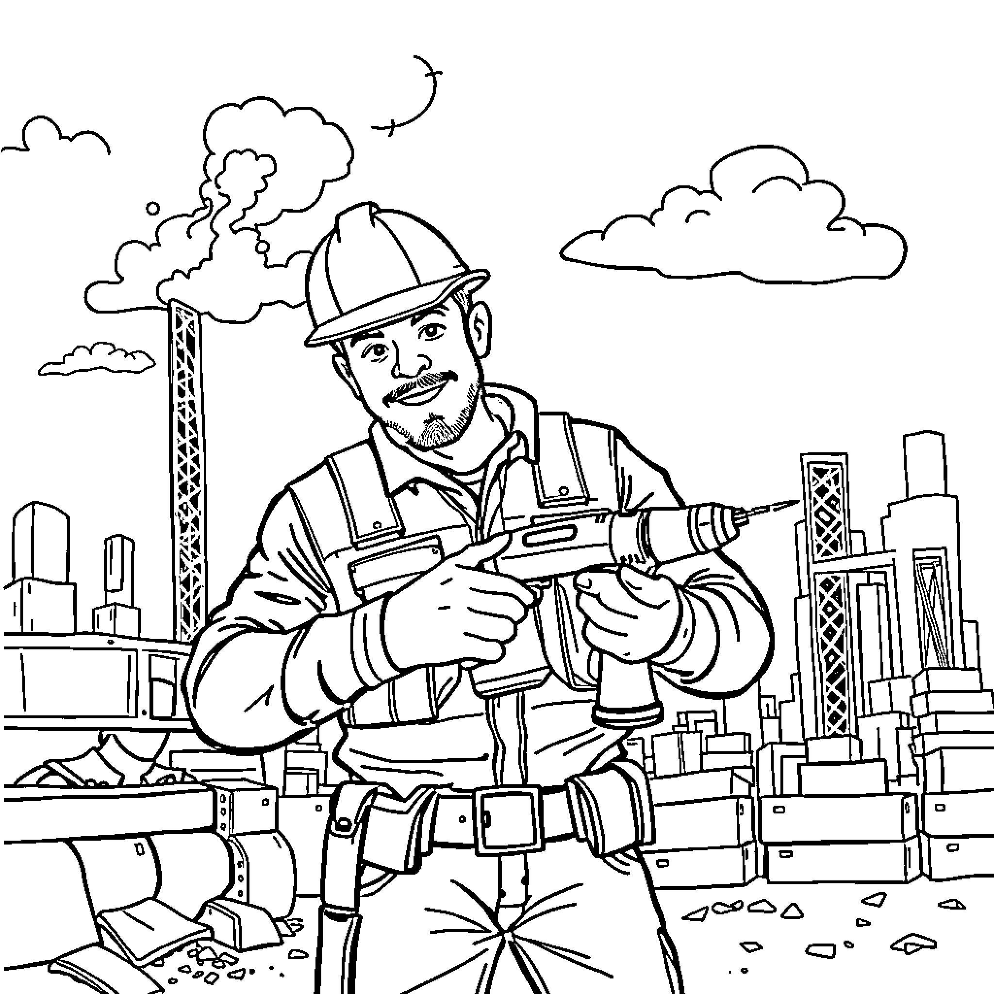 Construction Worker Operating Heavy Equipment on City Skyline Coloring Page (free black-and-white line drawing printable PDF for all, from beginners to advanced learners, including children, teens, adults, and seniors)