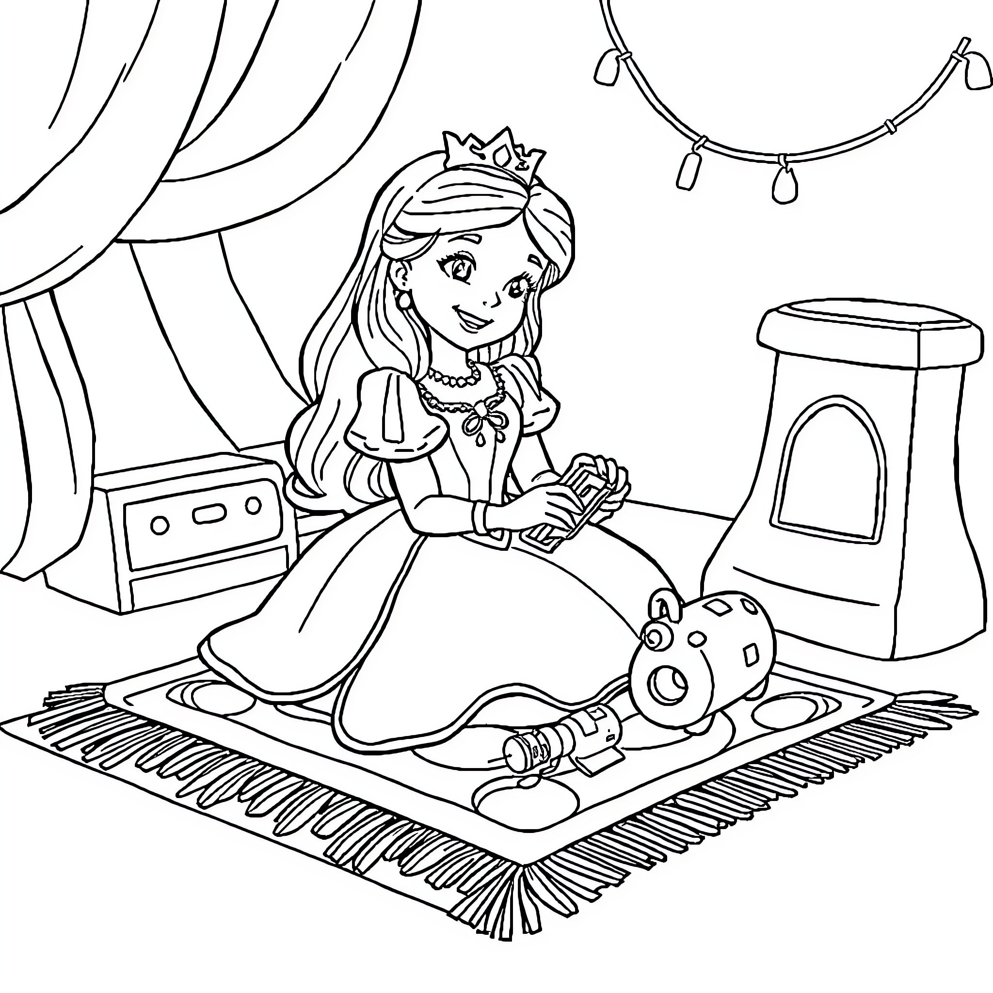 Princess playing with toys in her room Coloring Page (free black-and-white line drawing printable PDF for all, from beginners to advanced learners, including children, teens, adults, and seniors)