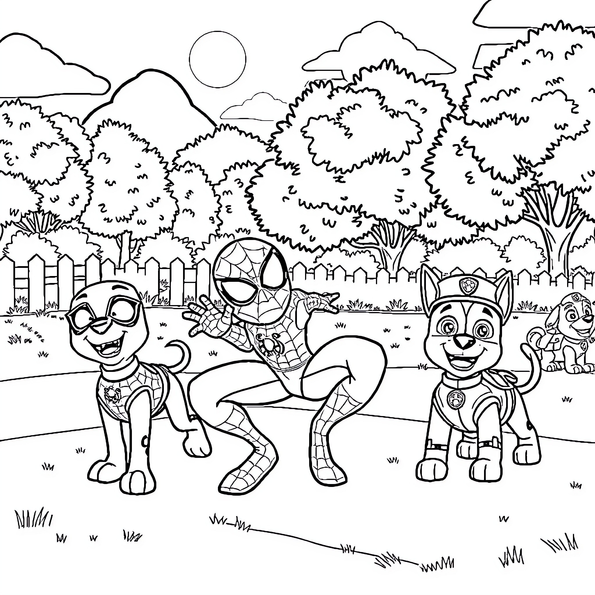 Character Pups Playing Outdoors Coloring Page (free black-and-white line drawing printable PDF for all, from beginners to advanced learners, including children, teens, adults, and seniors)