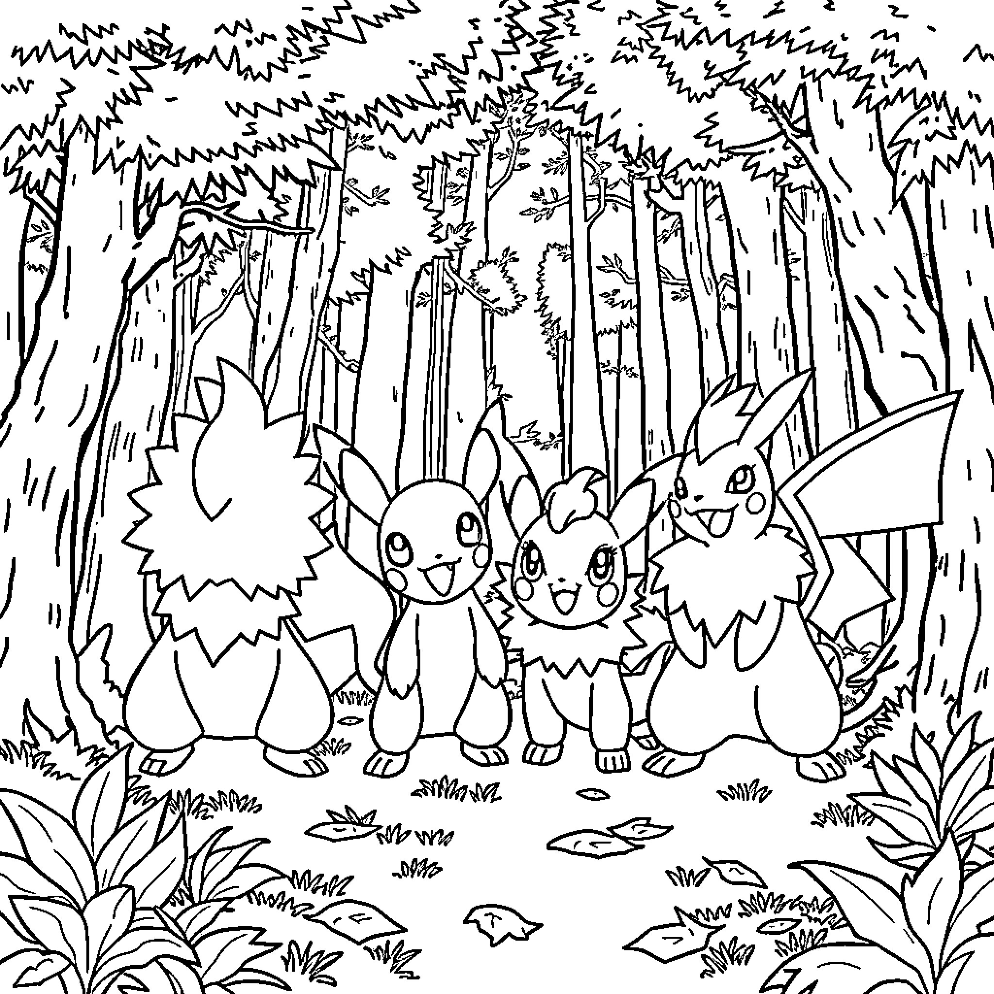 Pokémon characters playing in the forest Coloring Page (free black-and-white line drawing printable PDF for all, from beginners to advanced learners, including children, teens, adults, and seniors)