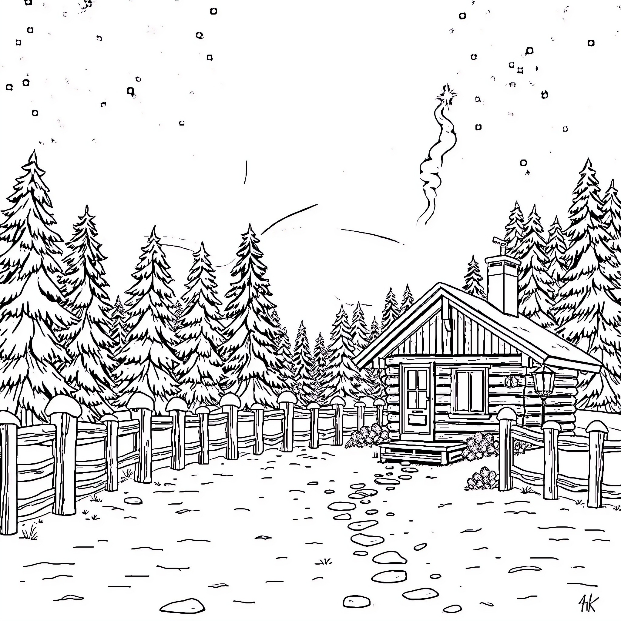 Cabin in the snowy forest with a winding path Coloring Page (free black-and-white line drawing printable PDF for all, from beginners to advanced learners, including children, teens, adults, and seniors)