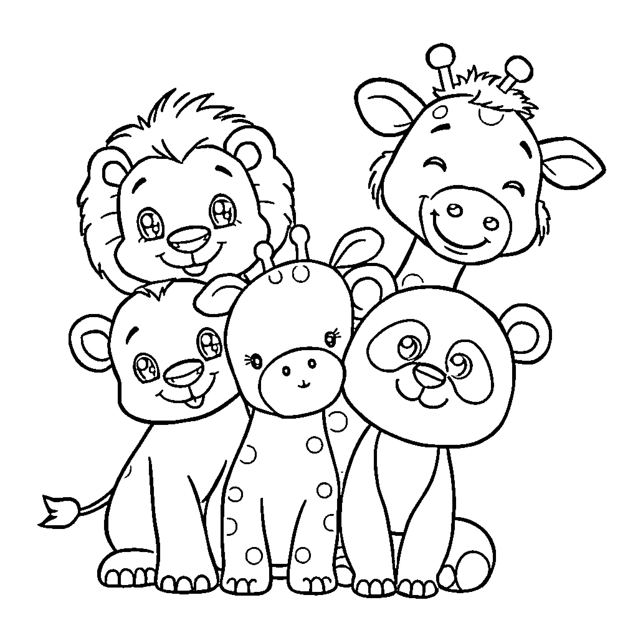 Baby Animal friends in a group Coloring Page (free black-and-white line drawing printable PDF for all, from beginners to advanced learners, including children, teens, adults, and seniors)