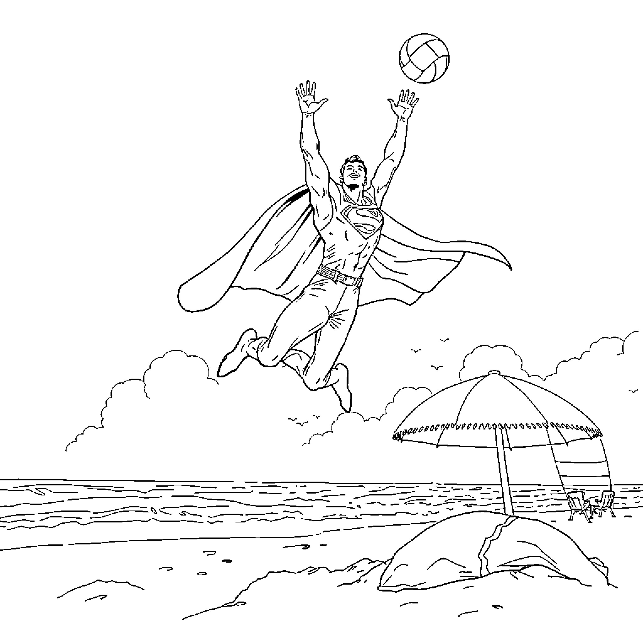 Superman jumping to catch a ball at the beach Coloring Page (free black-and-white line drawing printable PDF for all, from beginners to advanced learners, including children, teens, adults, and seniors)