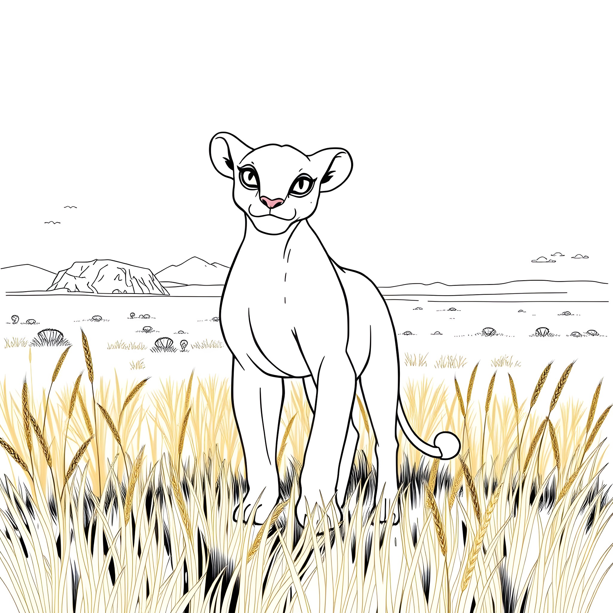 Nala the Lioness in the Savanna Grasslands Coloring Page (free black-and-white line drawing printable PDF for all, from beginners to advanced learners, including children, teens, adults, and seniors)