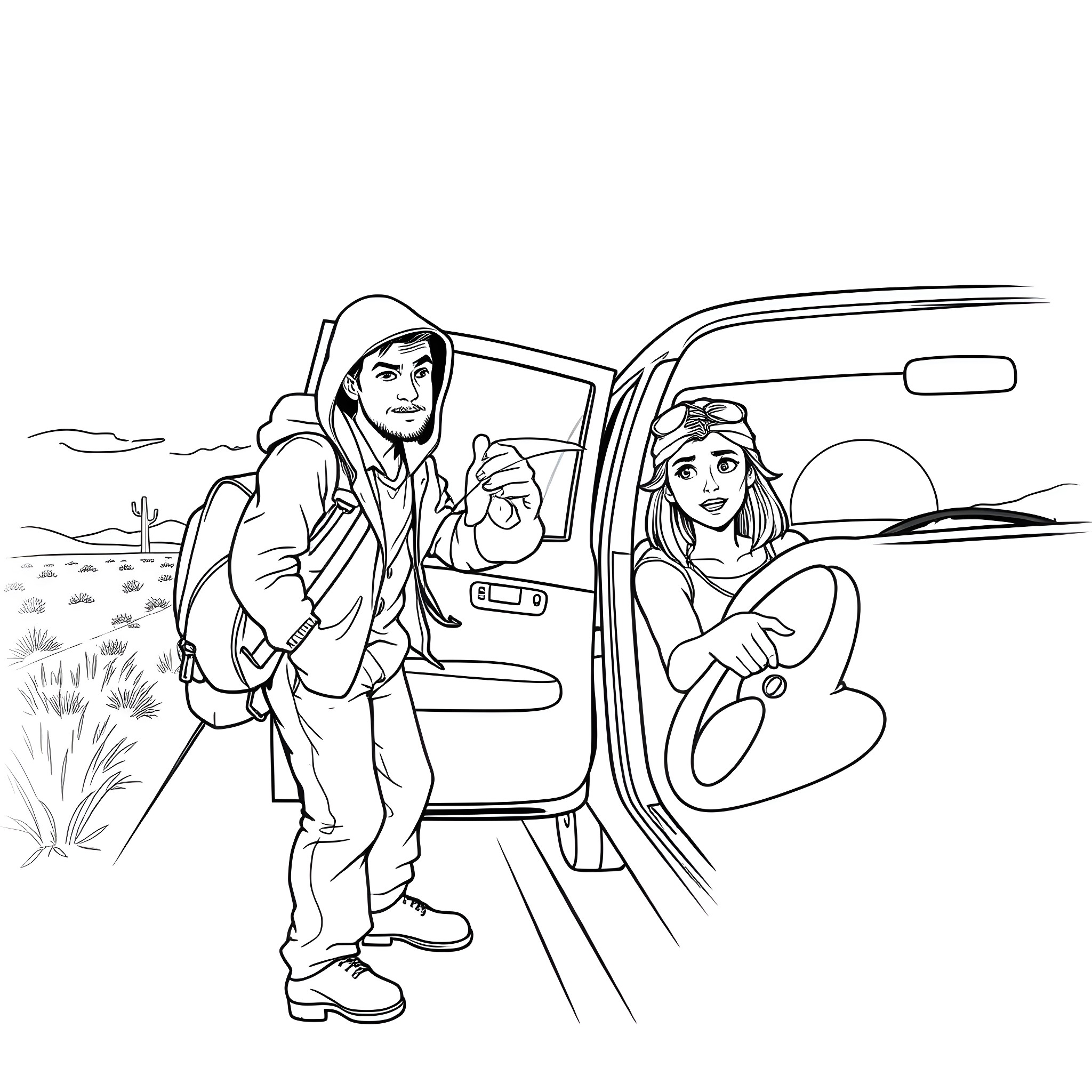 Hitchhiker couple seeking a ride in the desert Coloring Page (free black-and-white line drawing printable PDF for all, from beginners to advanced learners, including children, teens, adults, and seniors)