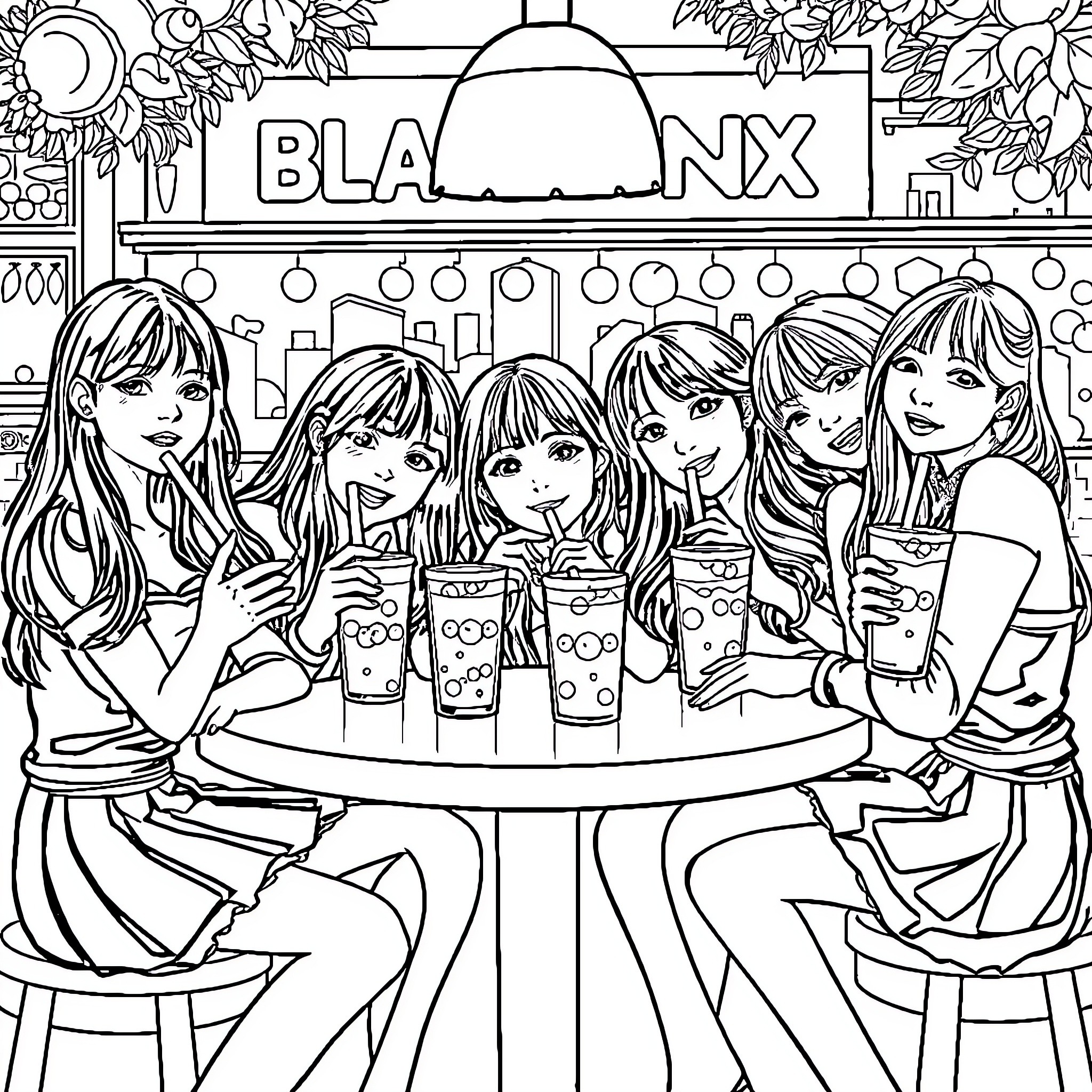 Blackpink enjoying drinks at the cafe Coloring Page (free black-and-white line drawing printable PDF for all, from beginners to advanced learners, including children, teens, adults, and seniors)