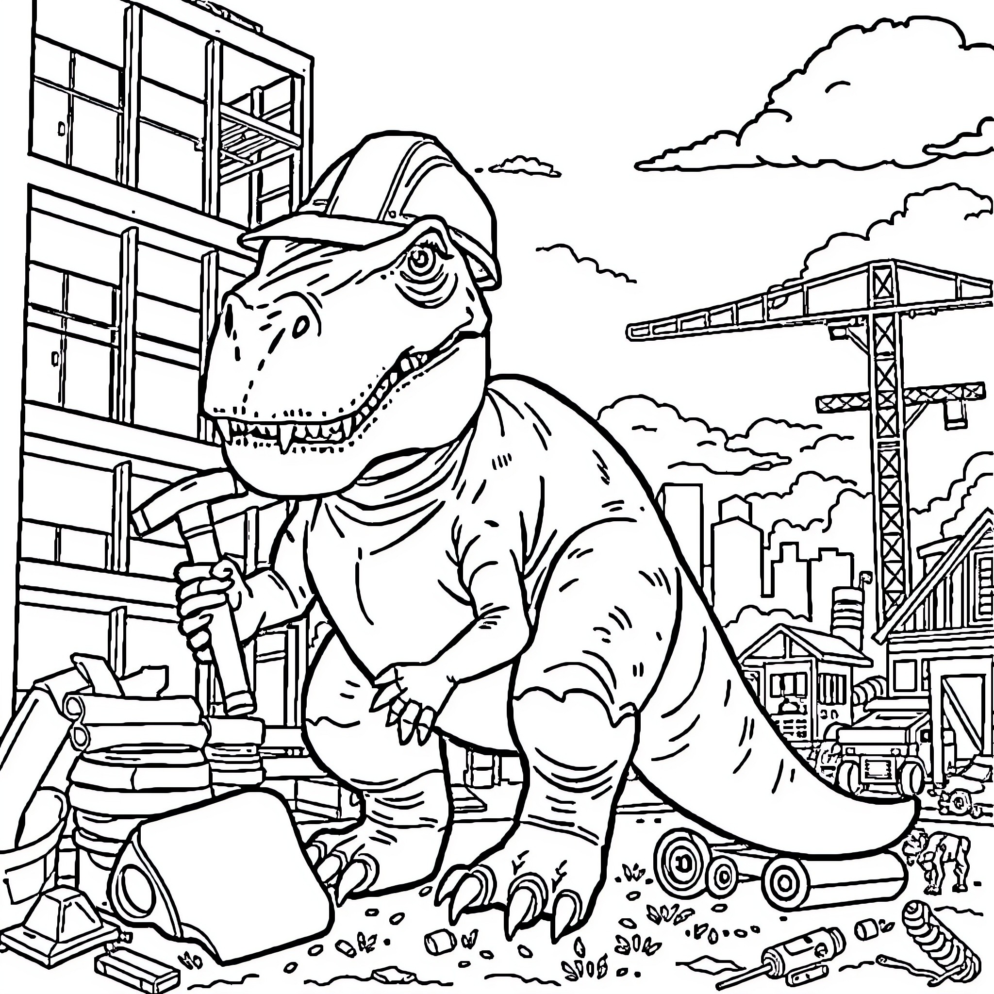 T-Rex Demolishing Construction Site Coloring Page (free black-and-white line drawing printable PDF for all, from beginners to advanced learners, including children, teens, adults, and seniors)