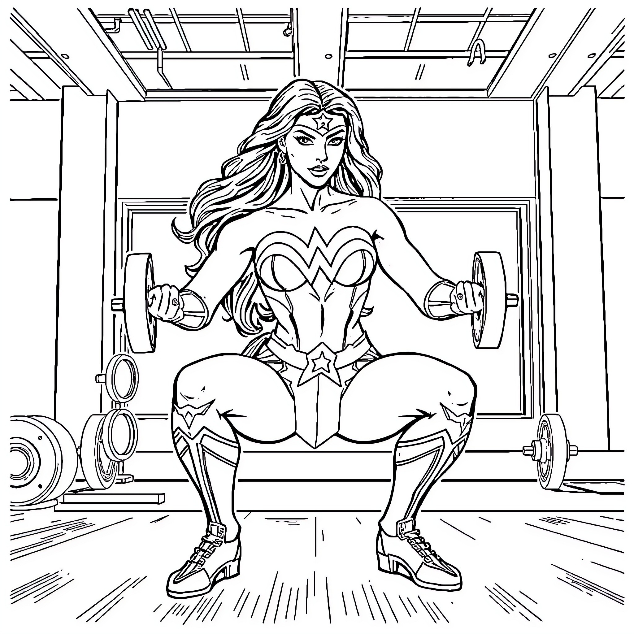 Wonder Woman lifting weights in her training room Coloring Page (free black-and-white line drawing printable PDF for all, from beginners to advanced learners, including children, teens, adults, and seniors)