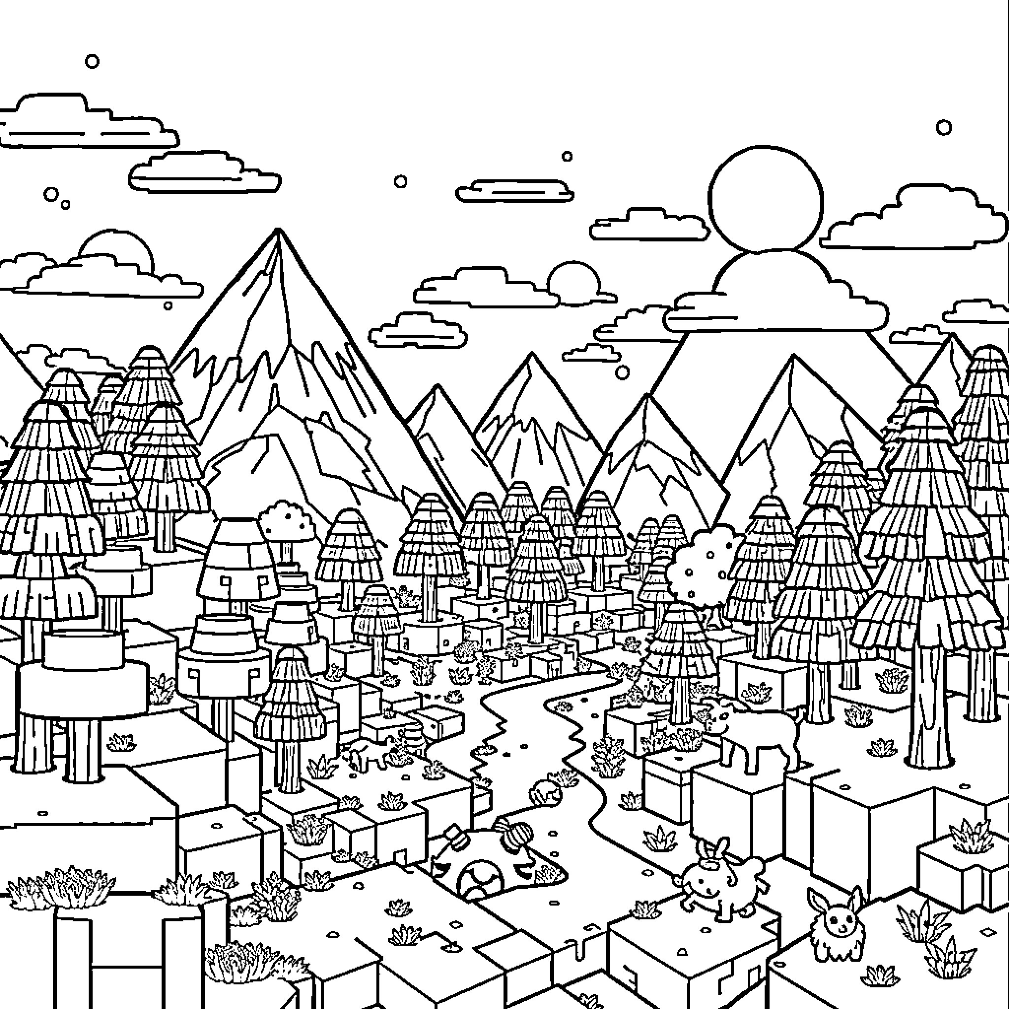 Minecraft landscape with mountains and villages Coloring Page (free black-and-white line drawing printable PDF for all, from beginners to advanced learners, including children, teens, adults, and seniors)