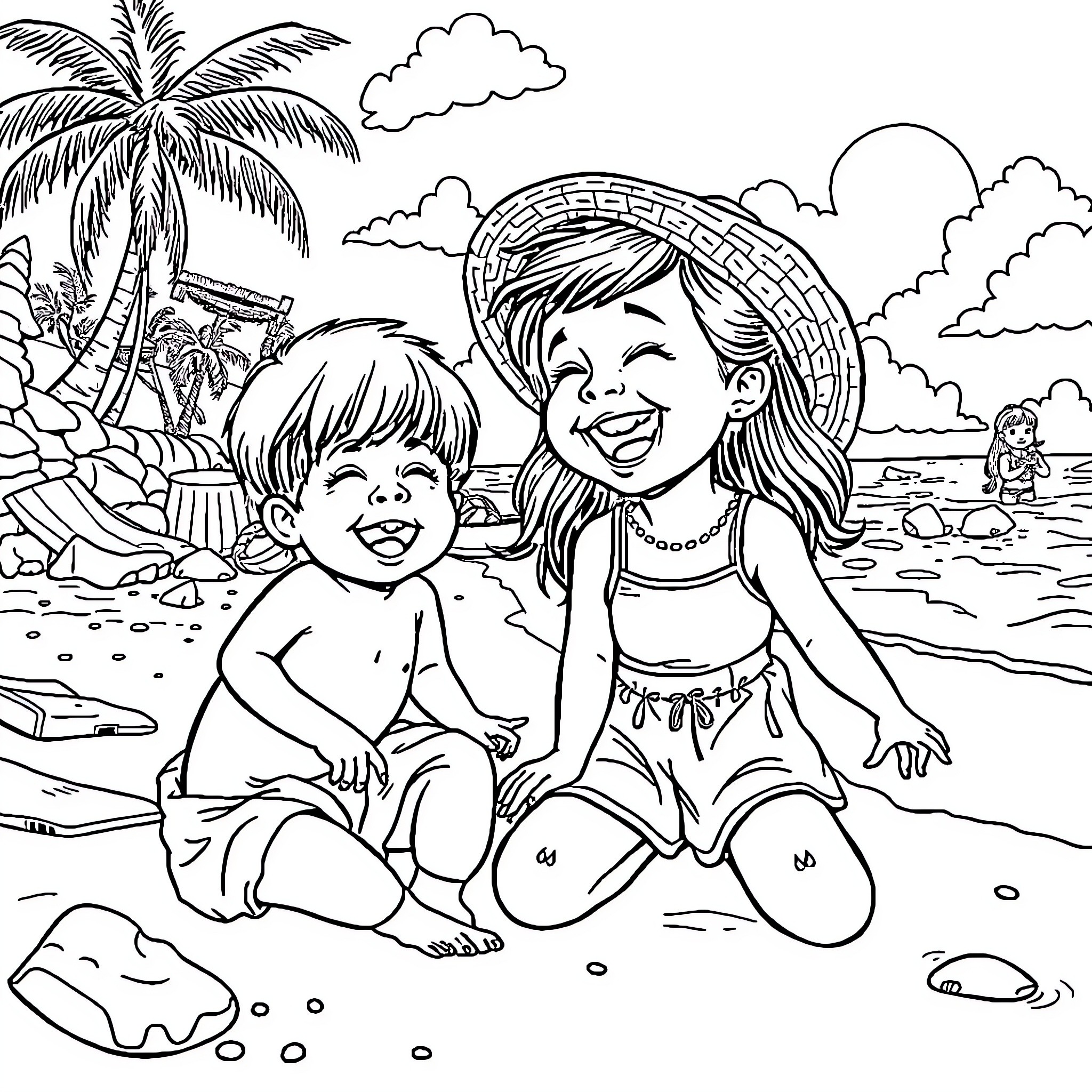 Summer fun with children playing on the beach Coloring Page (free black-and-white line drawing printable PDF for all, from beginners to advanced learners, including children, teens, adults, and seniors)