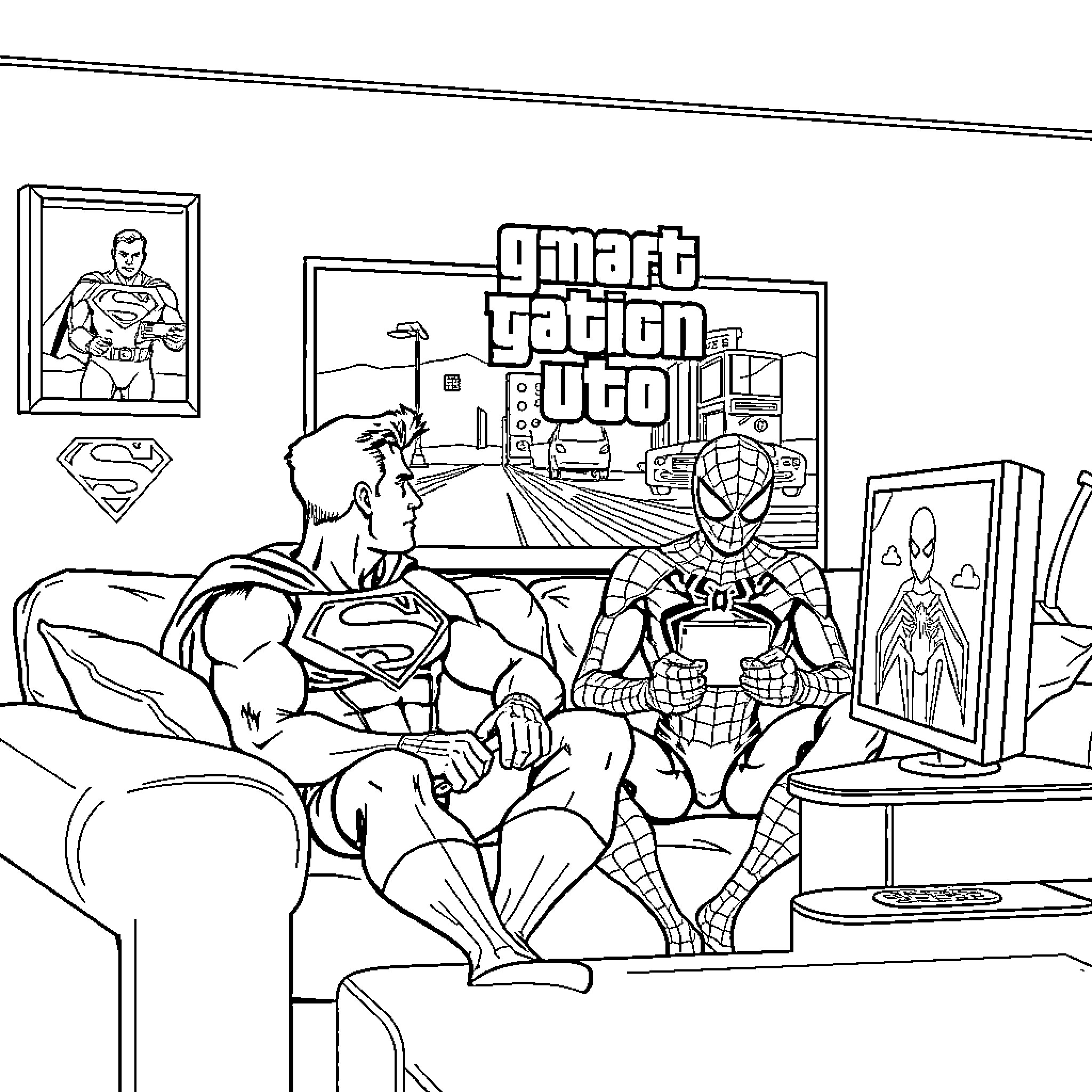 Superheroes Relaxing and Enjoying Video Game Coloring Page (free black-and-white line drawing printable PDF for all, from beginners to advanced learners, including children, teens, adults, and seniors)