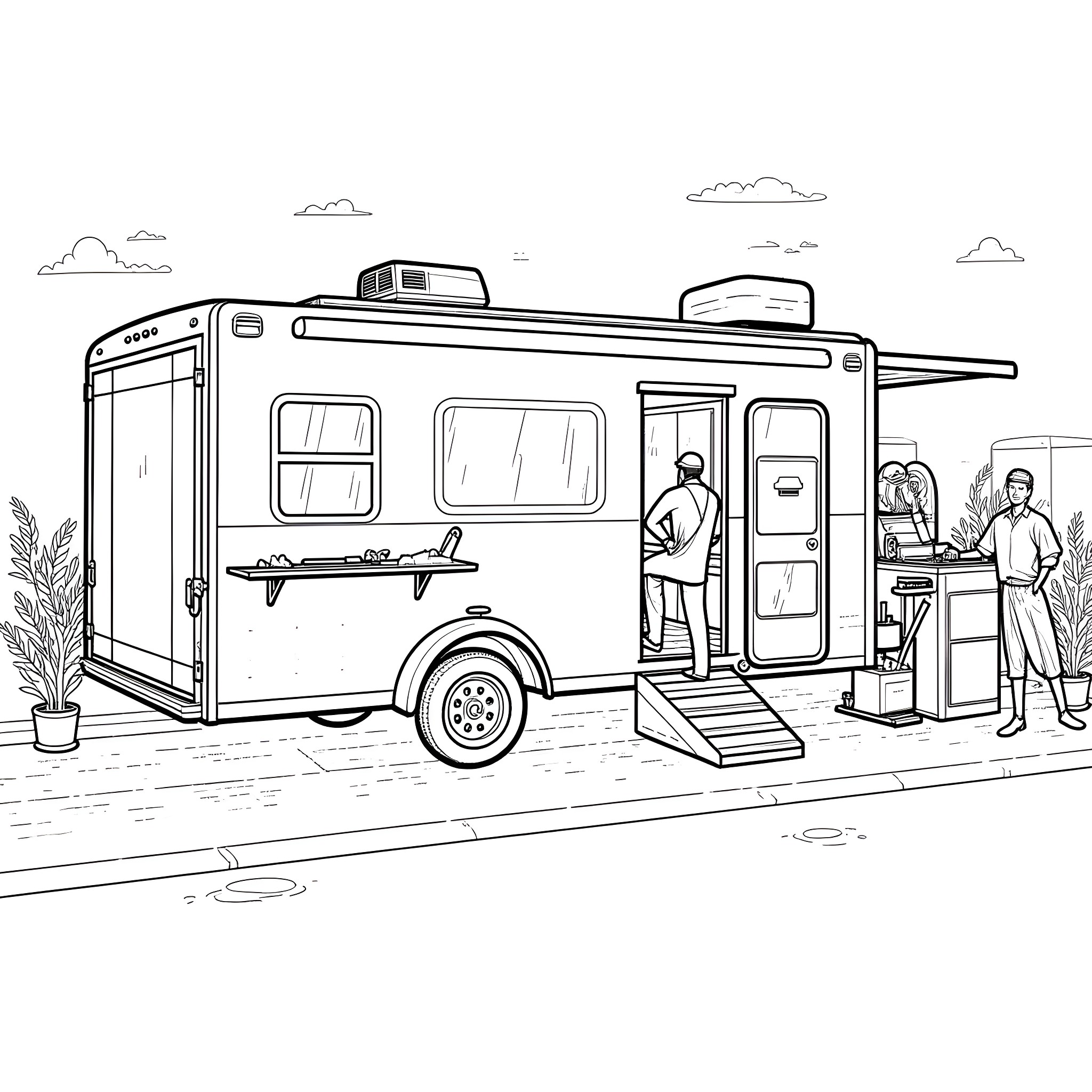 Service Trailer with Technicians Working on Repairs Coloring Page (free black-and-white line drawing printable PDF for all, from beginners to advanced learners, including children, teens, adults, and seniors)