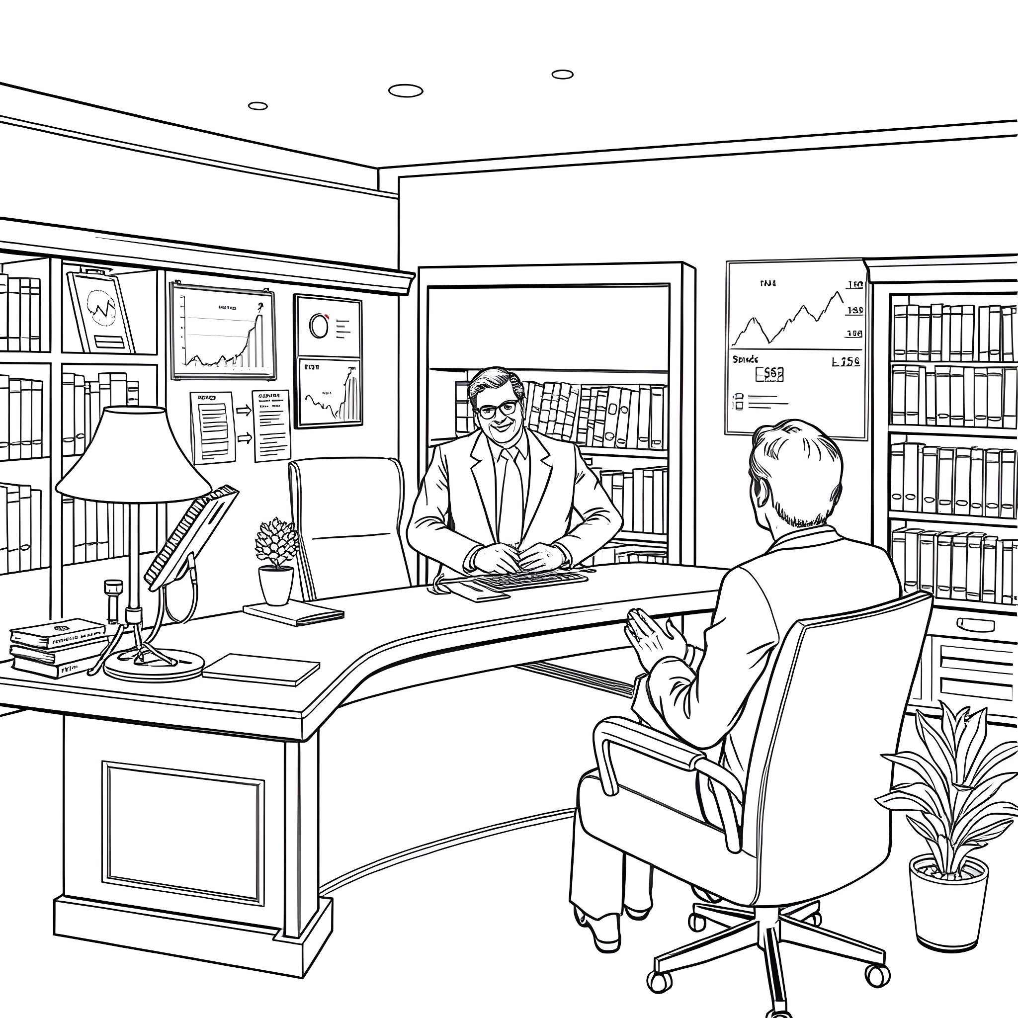 Banker Discussing Financial Data with Client in Office Coloring Page (free black-and-white line drawing printable PDF for all, from beginners to advanced learners, including children, teens, adults, and seniors)