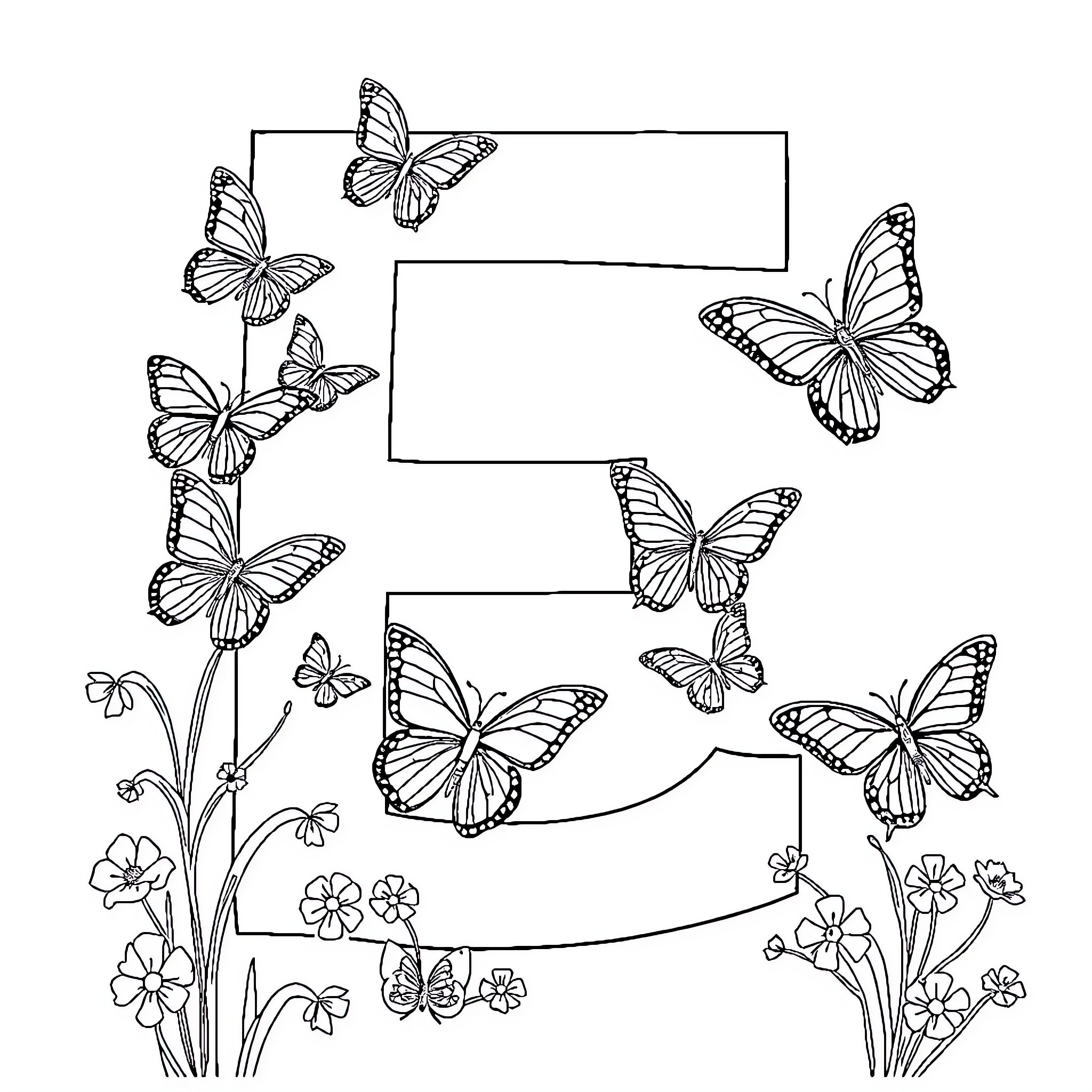 Letter E adorned with butterflies and flowers Coloring Page (free black-and-white line drawing printable PDF for all, from beginners to advanced learners, including children, teens, adults, and seniors)