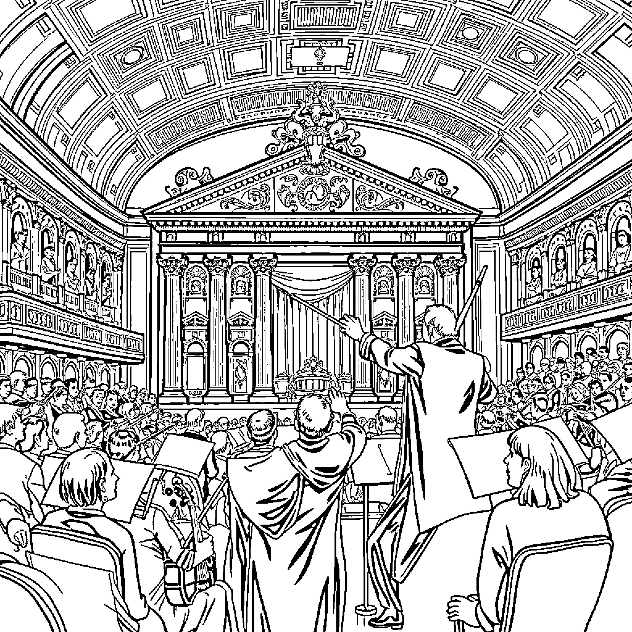 Teatro alla Scala: Performers on stage with elegant audience Coloring Page (free black-and-white line drawing printable PDF for all, from beginners to advanced learners, including children, teens, adults, and seniors)