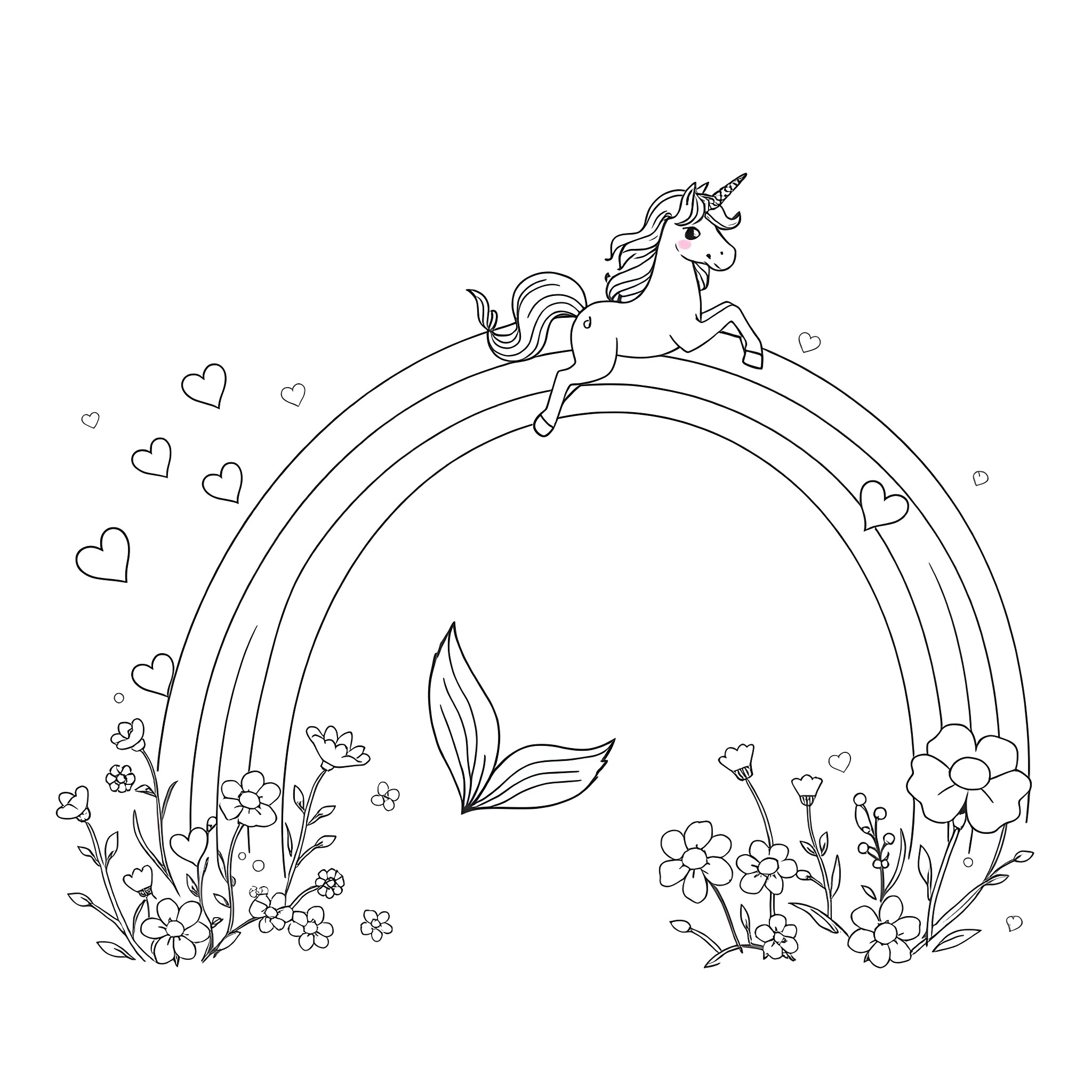 Mermaid riding a unicorn under a rainbow Coloring Page (free black-and-white line drawing printable PDF for all, from beginners to advanced learners, including children, teens, adults, and seniors)