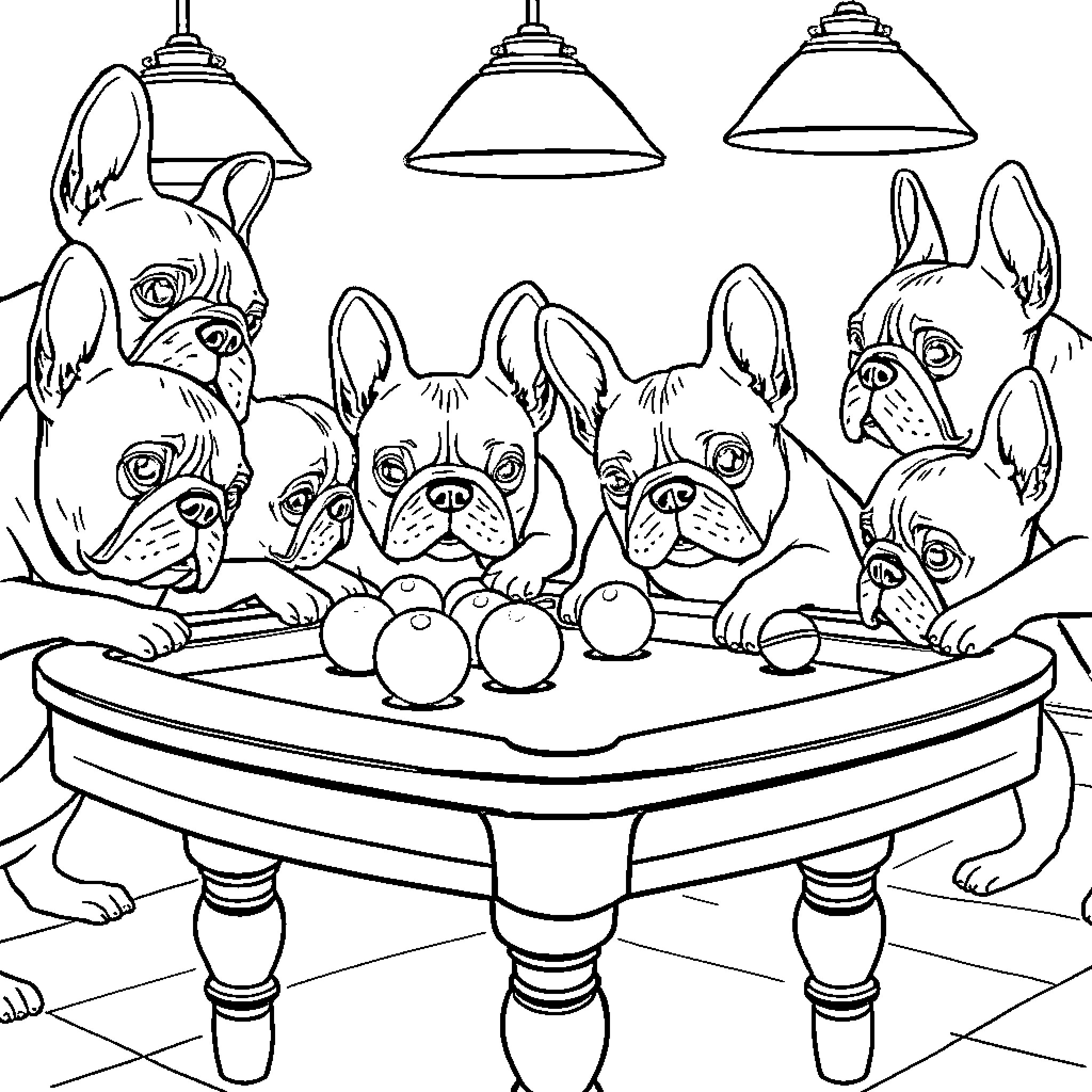 French Bulldog Puppies Playing on a Billiard Table Coloring Page (free black-and-white line drawing printable PDF for all, from beginners to advanced learners, including children, teens, adults, and seniors)
