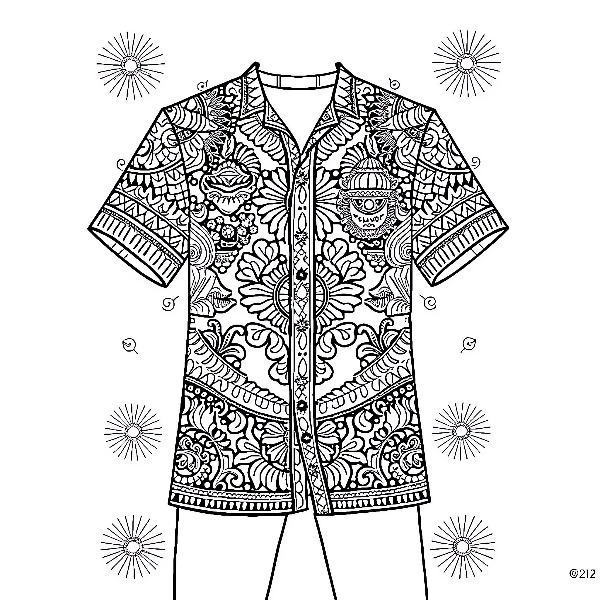 Clothing with intricate floral and abstract patterns Coloring Page (free black-and-white line drawing printable PDF for all, from beginners to advanced learners, including children, teens, adults, and seniors)
