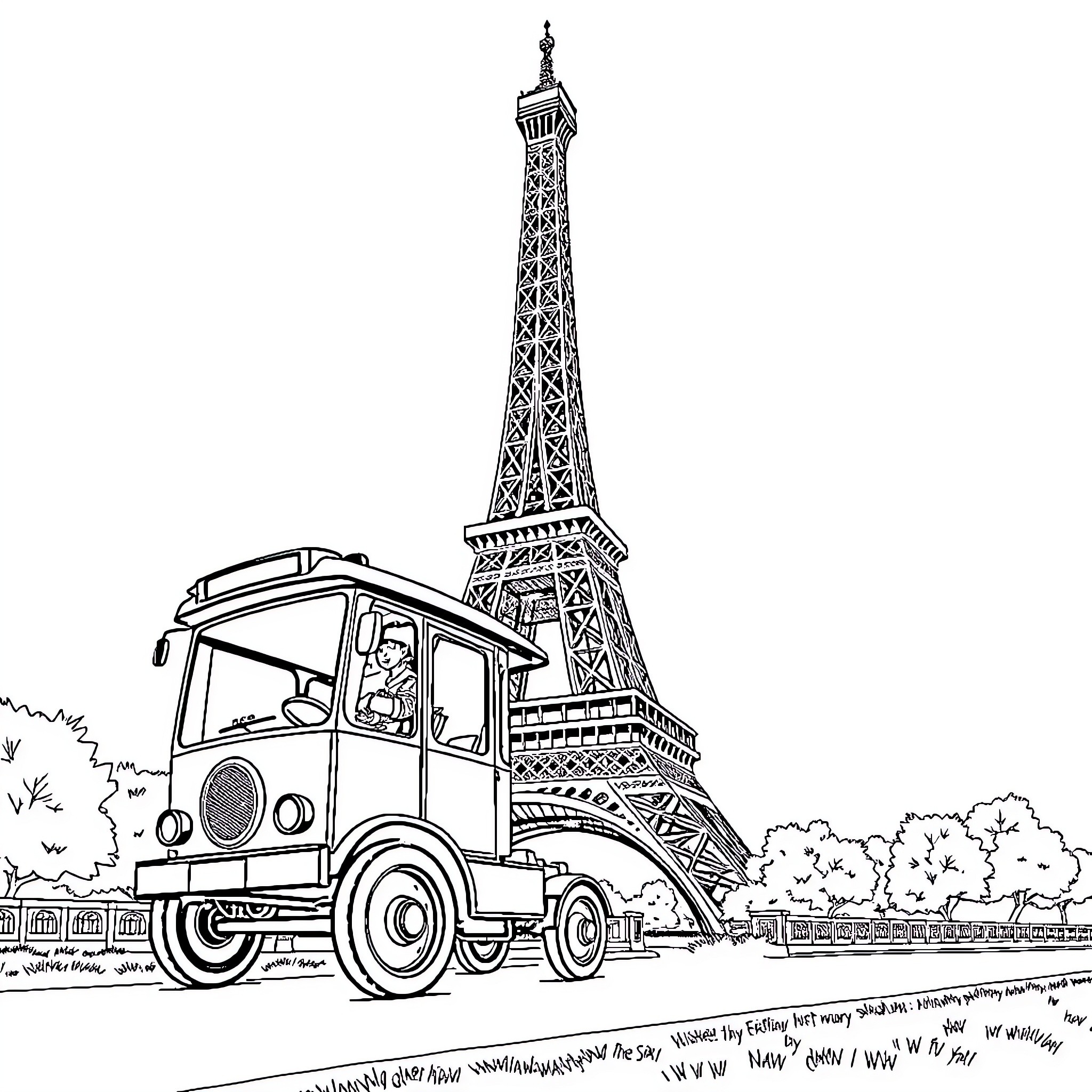 Trotro visits the iconic Eiffel Tower Coloring Page (free black-and-white line drawing printable PDF for all, from beginners to advanced learners, including children, teens, adults, and seniors)
