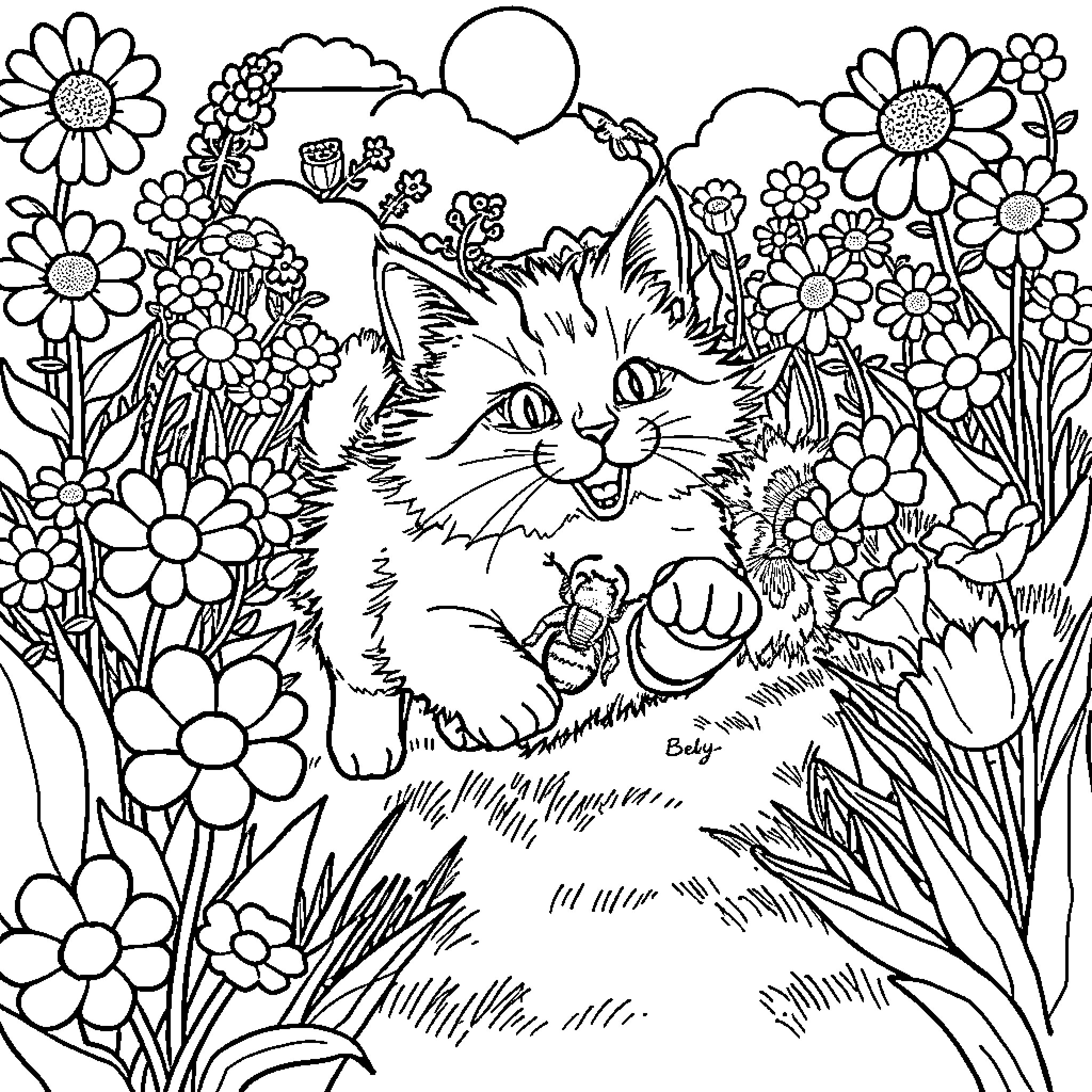 Cat Frolicking in a Vibrant Garden Coloring Page (free black-and-white line drawing printable PDF for all, from beginners to advanced learners, including children, teens, adults, and seniors)
