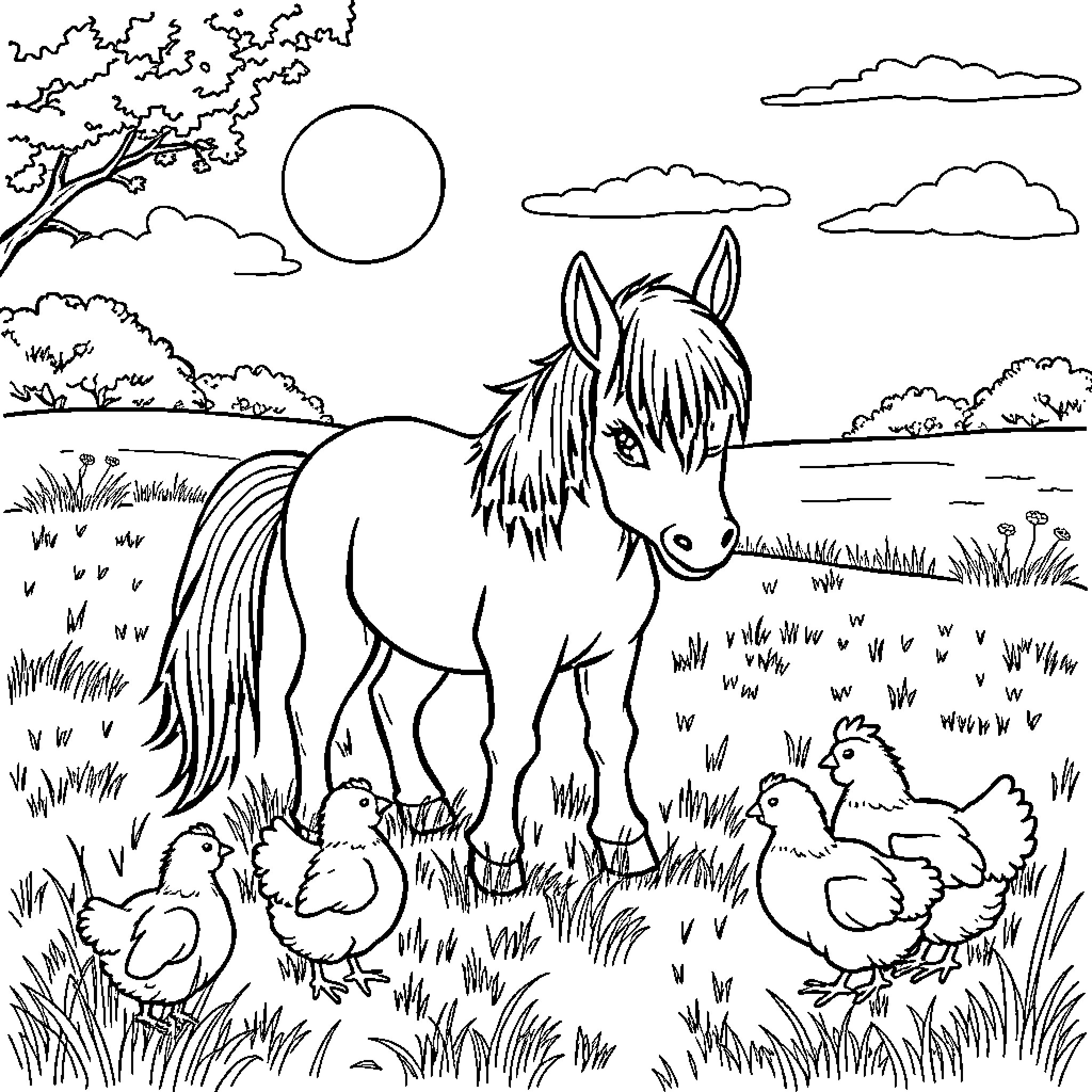 Pony grazing in a peaceful countryside setting Coloring Page (free black-and-white line drawing printable PDF for all, from beginners to advanced learners, including children, teens, adults, and seniors)