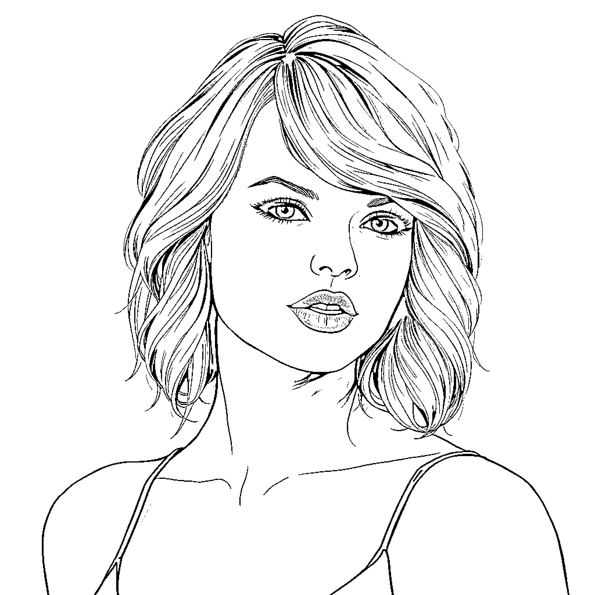 Taylor Swift posing with serious expression Coloring Page (free black-and-white line drawing printable PDF for all, from beginners to advanced learners, including children, teens, adults, and seniors)