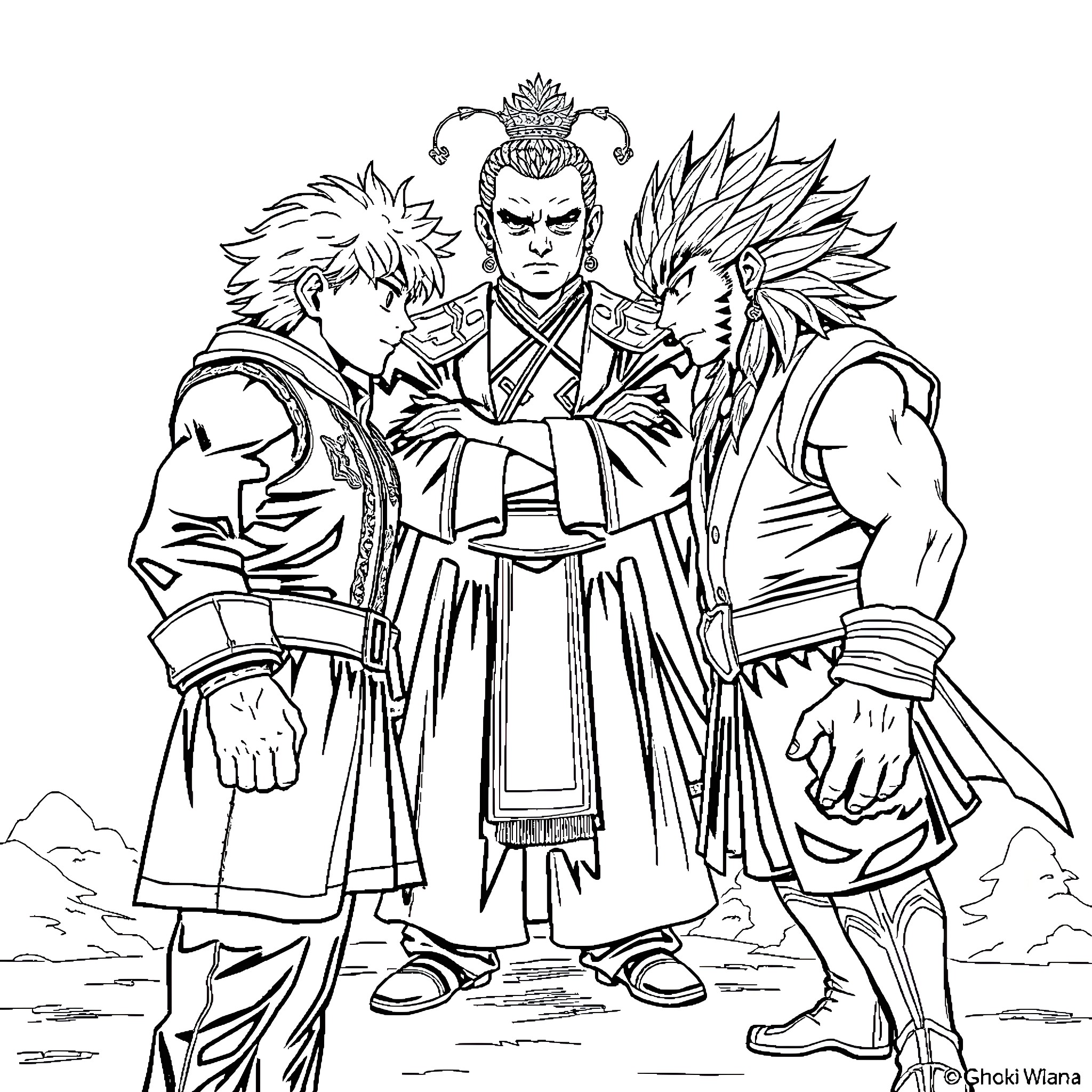 Baki Hanna's powerful warriors in fierce stances Coloring Page (free black-and-white line drawing printable PDF for all, from beginners to advanced learners, including children, teens, adults, and seniors)