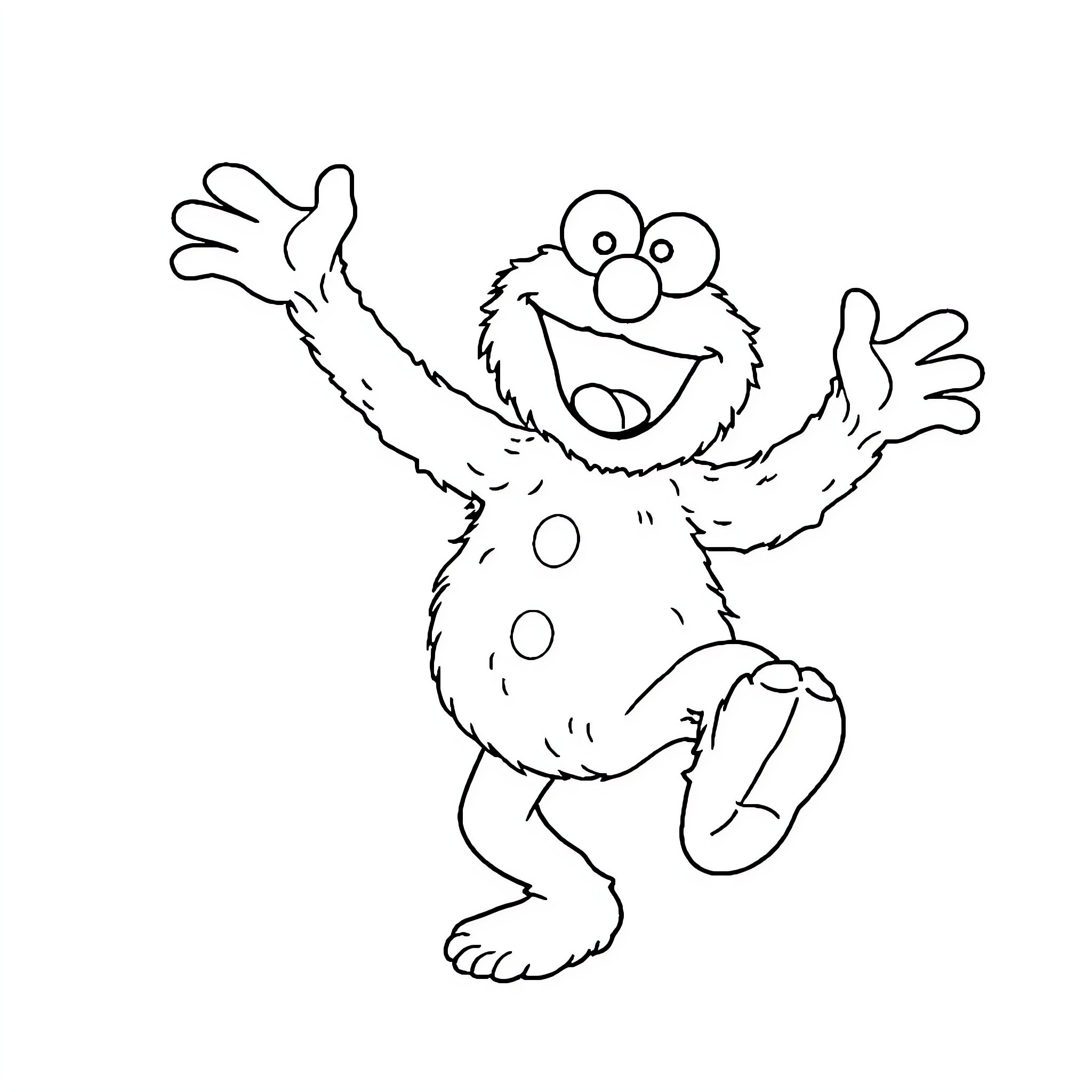 Cookie Monster excitedly dancing and waving Coloring Page (free black-and-white line drawing printable PDF for all, from beginners to advanced learners, including children, teens, adults, and seniors)