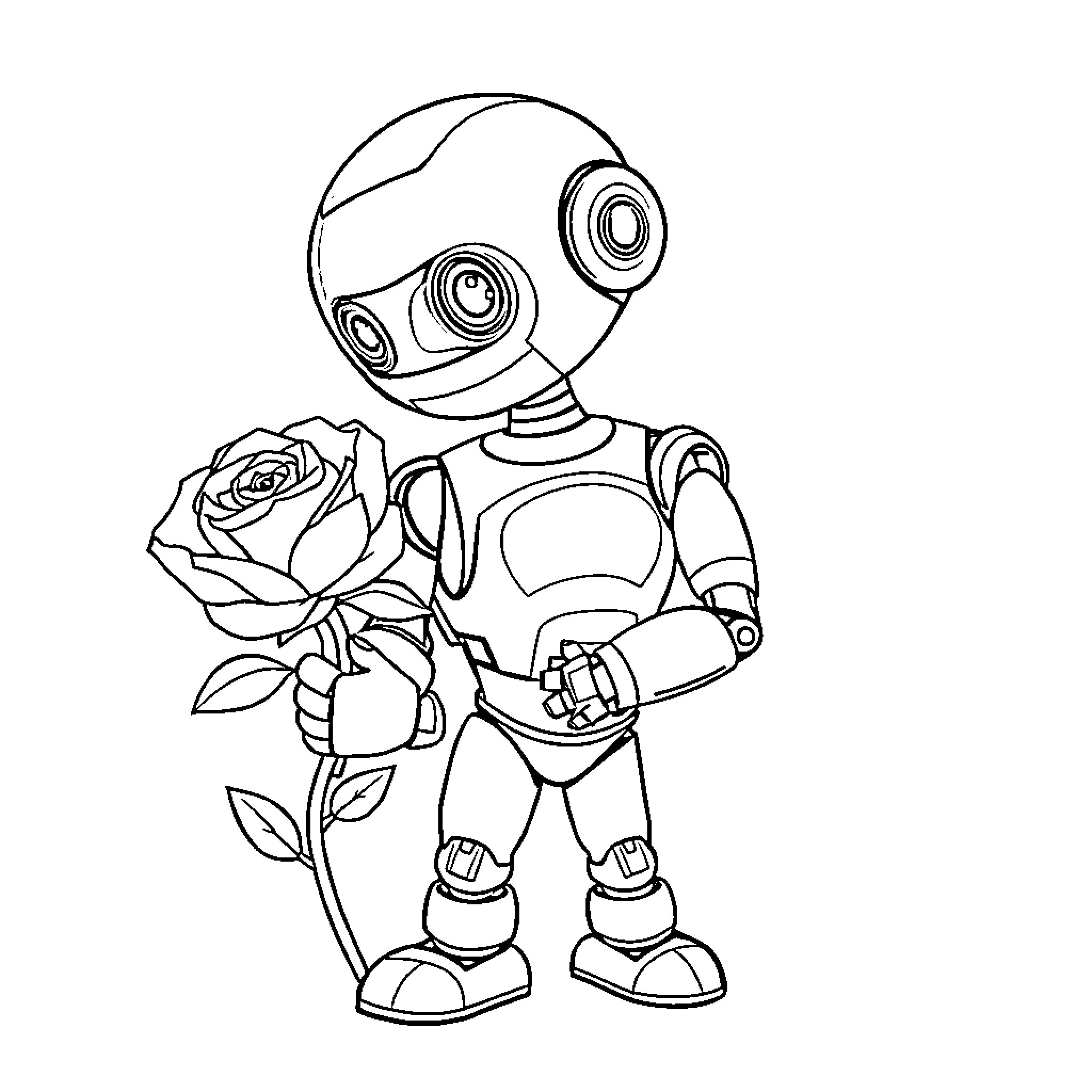 Robot holding a rose flower Coloring Page (free black-and-white line drawing printable PDF for all, from beginners to advanced learners, including children, teens, adults, and seniors)