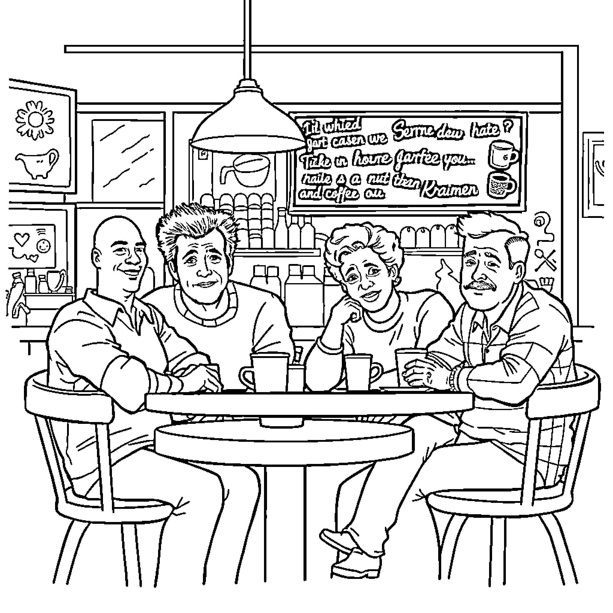 Seinfeld Characters Enjoying a Casual Gathering Coloring Page (free black-and-white line drawing printable PDF for all, from beginners to advanced learners, including children, teens, adults, and seniors)