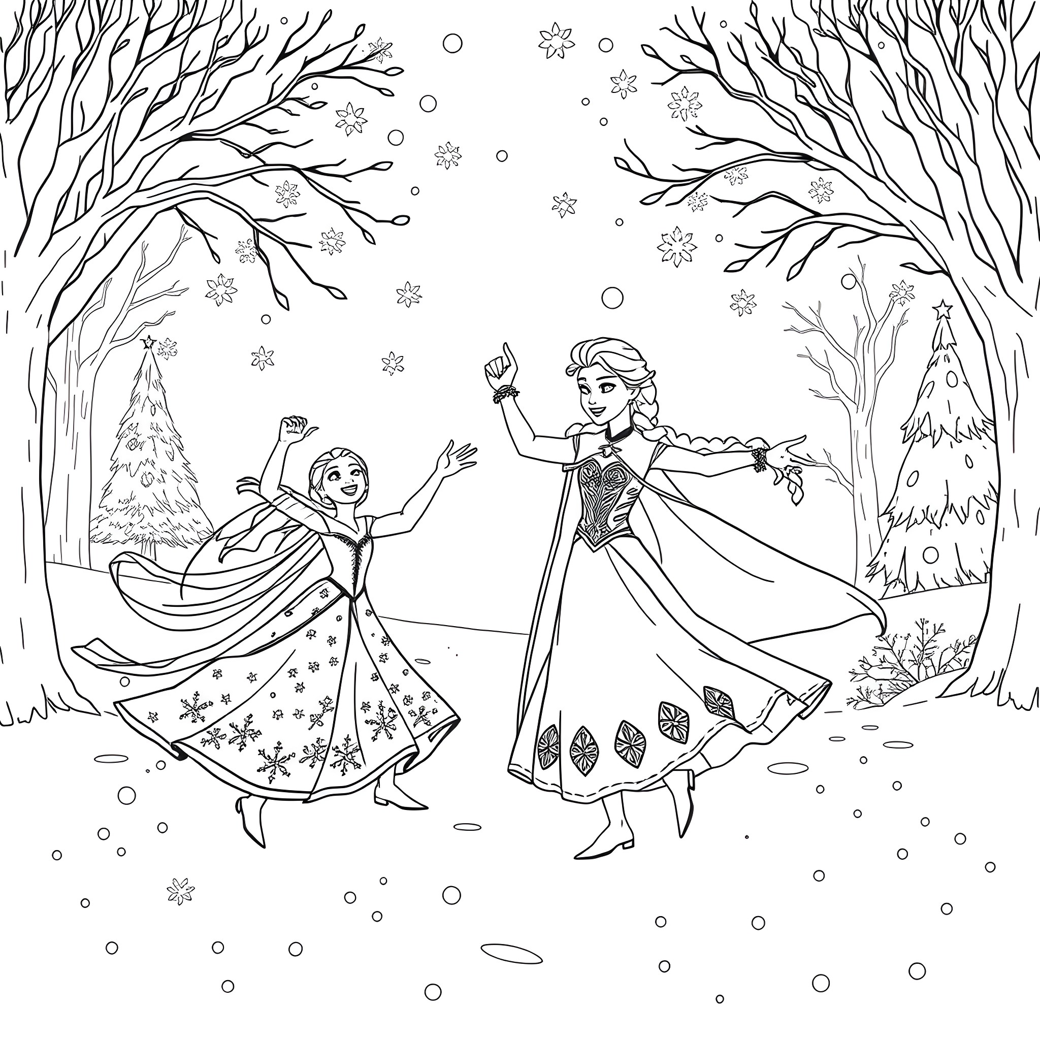 Bluey and Elsa playing in the snowy forest Coloring Page (free black-and-white line drawing printable PDF for all, from beginners to advanced learners, including children, teens, adults, and seniors)