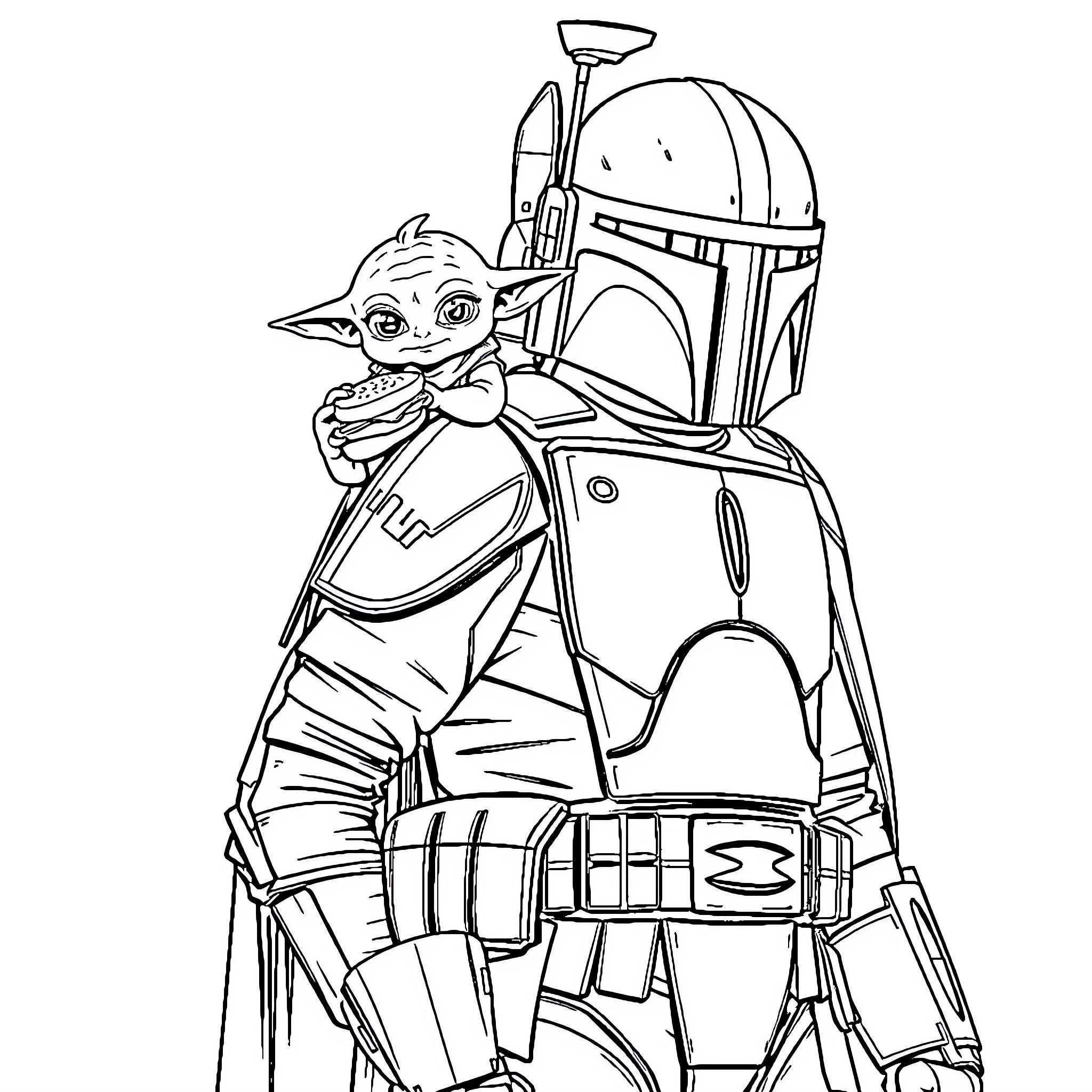 Yoda's adventure with Mandalorian armor Coloring Page (free black-and-white line drawing printable PDF for all, from beginners to advanced learners, including children, teens, adults, and seniors)