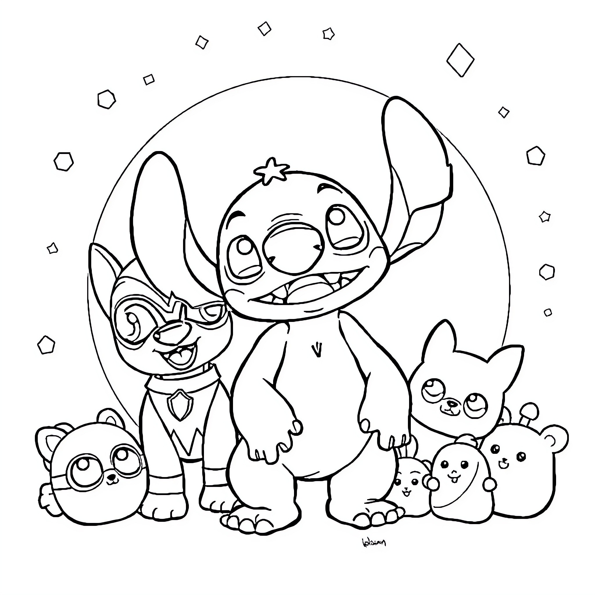 Dog and friends in a whimsical scene Coloring Page (free black-and-white line drawing printable PDF for all, from beginners to advanced learners, including children, teens, adults, and seniors)