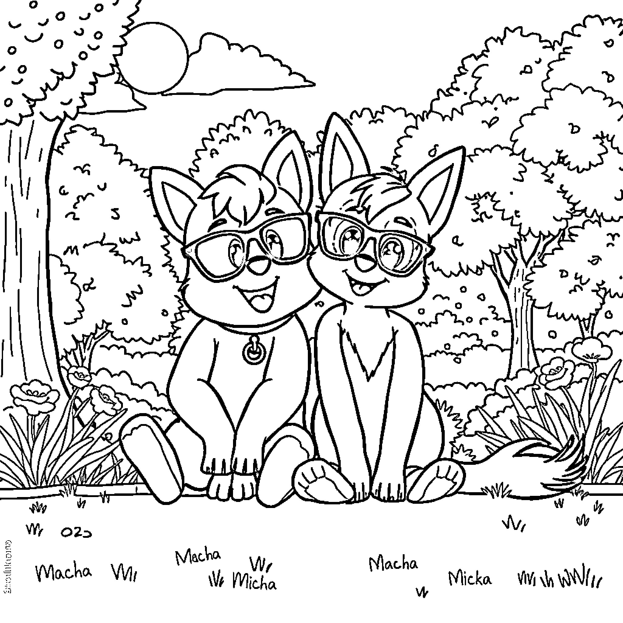 Macha et Micka playing in the forest Coloring Page (free black-and-white line drawing printable PDF for all, from beginners to advanced learners, including children, teens, adults, and seniors)